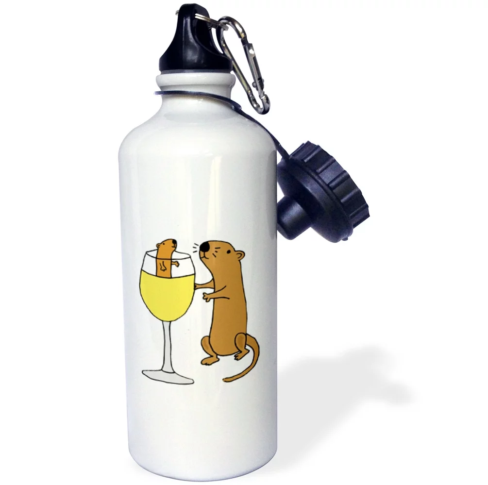 3dRose Funny Sea Otters with White Wine Glass Cartoon - Straw Water Bottle, 21-ounce