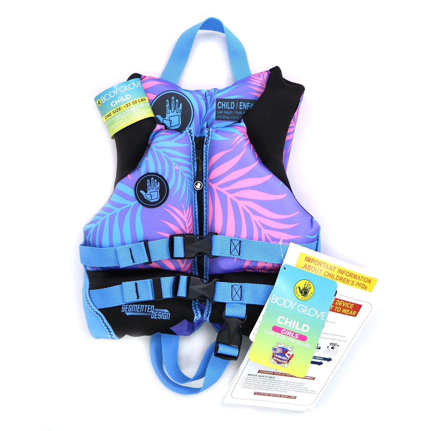Body Glove Youth Child's PFD Coast Guard Approved Life Jacket, Blue Palm