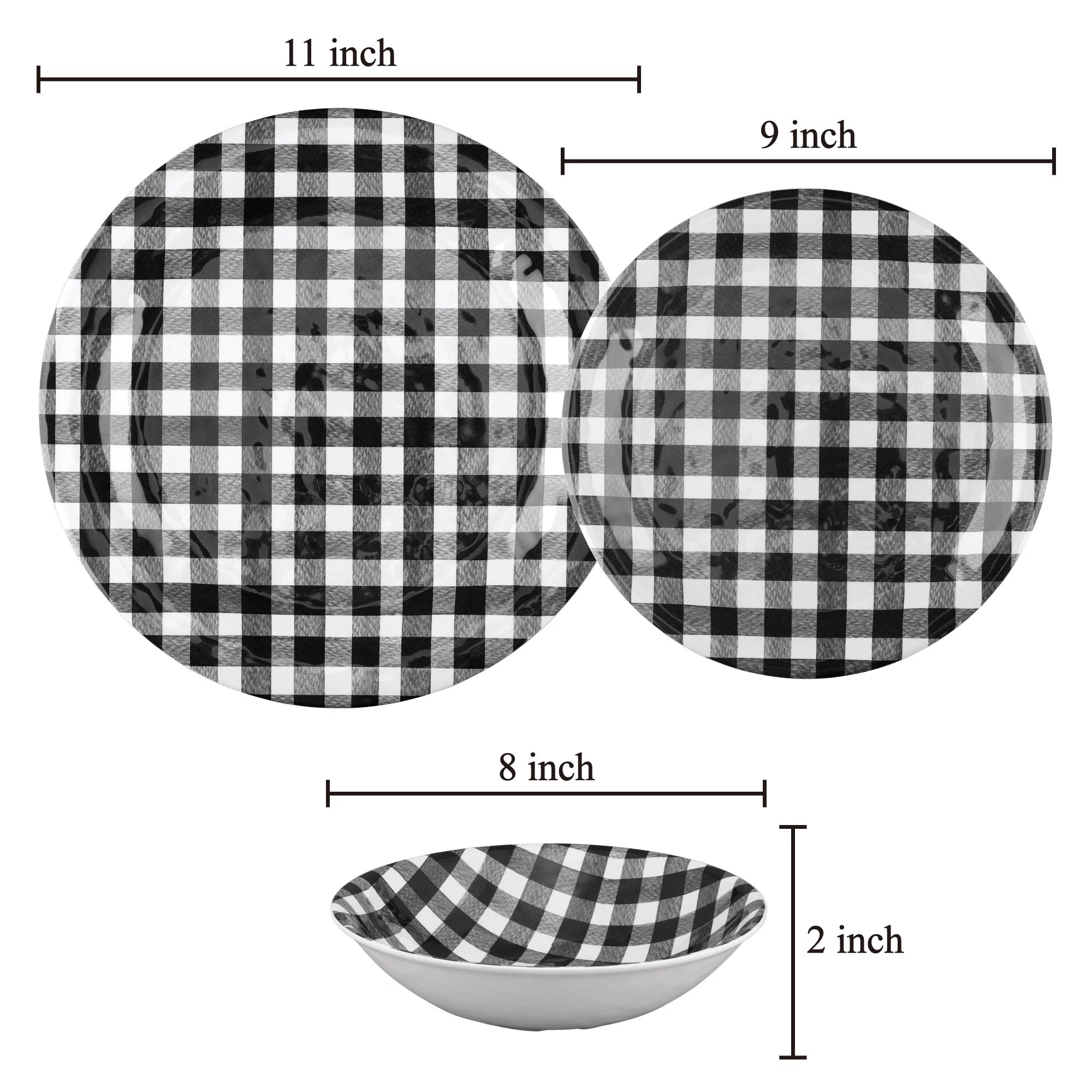 Gourmet Art 12-Piece Melamine Dinnerware Set, Includes Dinner Plates, Salad Plates, Bowls, Service for 4. (Black Gingham)