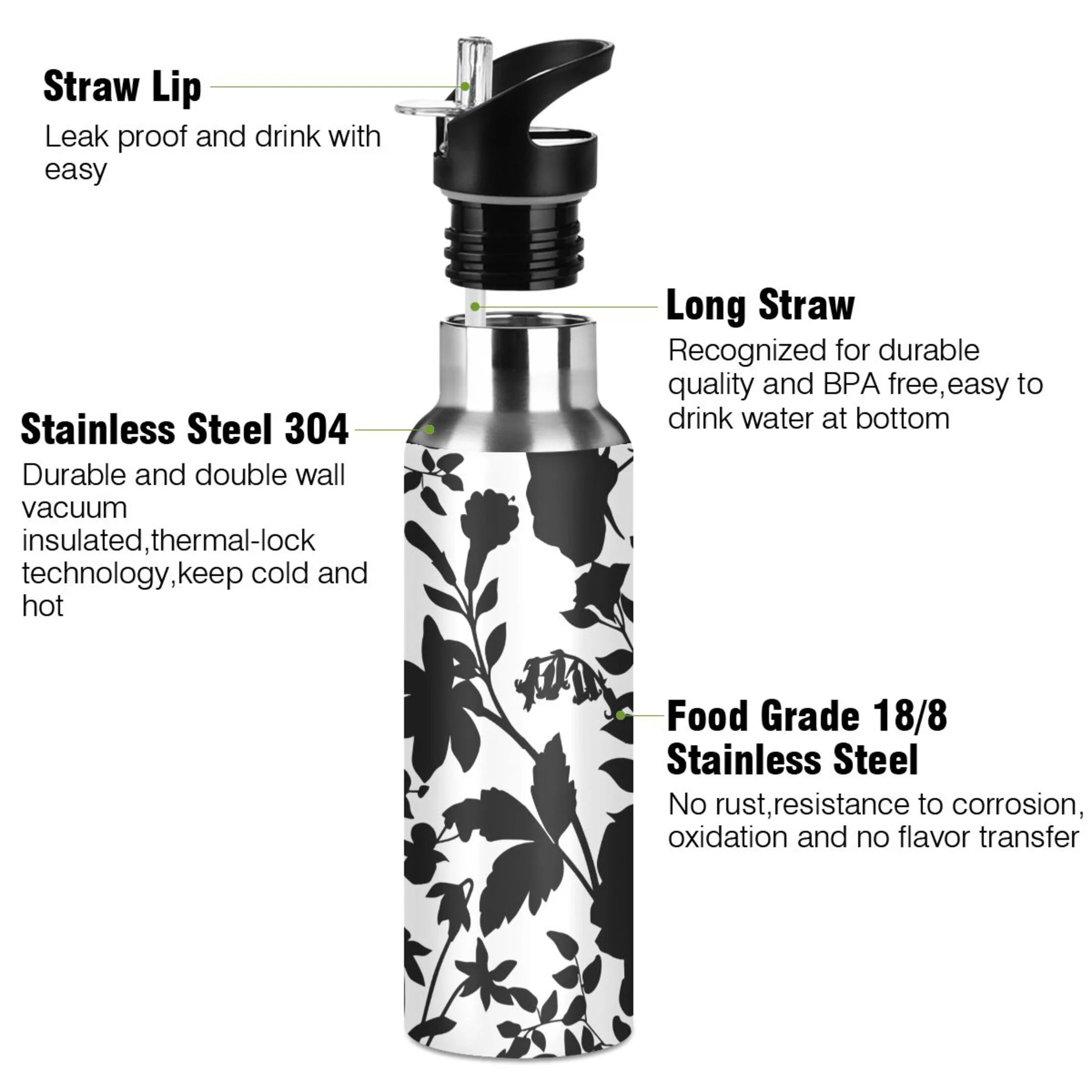 Water Bottle with Straw Lid Leak Black and White Flowers Stainless Steel Insulated Thermos Vacuum Flask for Cold Hot Drinking for Sports Camping Gym Yoga