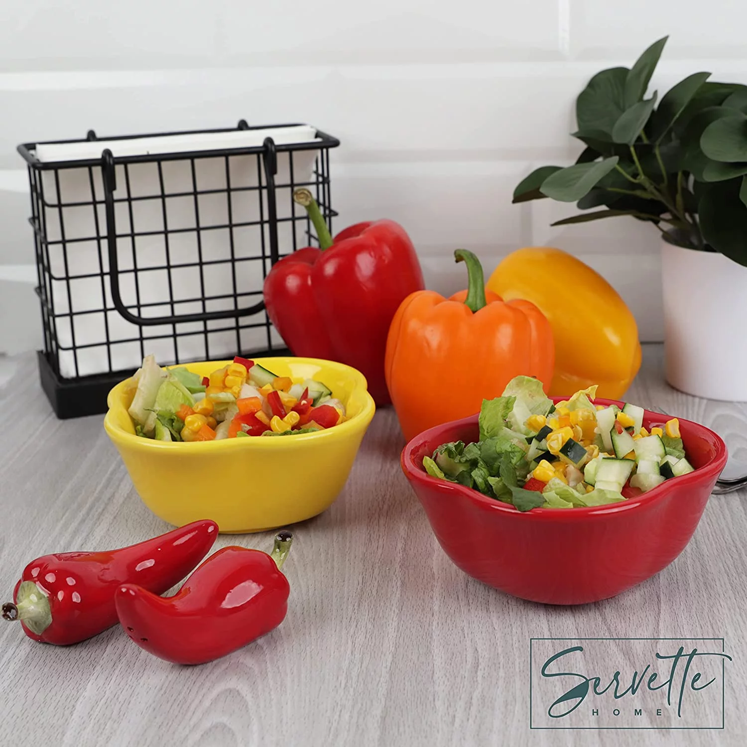 Servette Home Vegetable Themed Ceramic Serving Bowl Dipping Sauce Dish Condiment Tray - Set of 2 Peppers