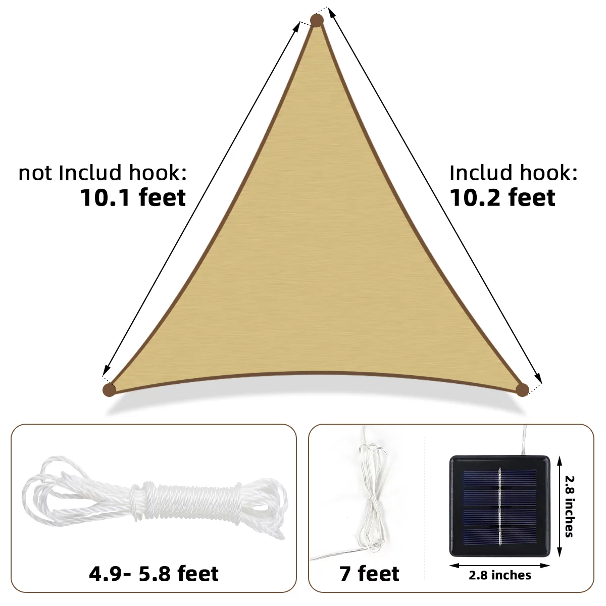 Brizi Living 10 x 10 x 10 Ft Waterproof Triangle Sand Sun Shade Sail with Led Light,Windproof UV Block Canopy for Christmas Party,Garden,Backyard,Outdoor Facility-Includes Rope,Beige