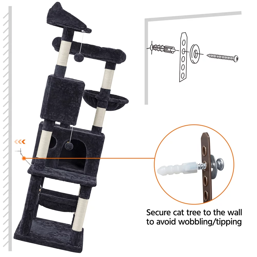 Topeakmart 64.5in Multi-level Large Cat Tree Condo Tower with Hammock Scratching Posts & Hammock, Black