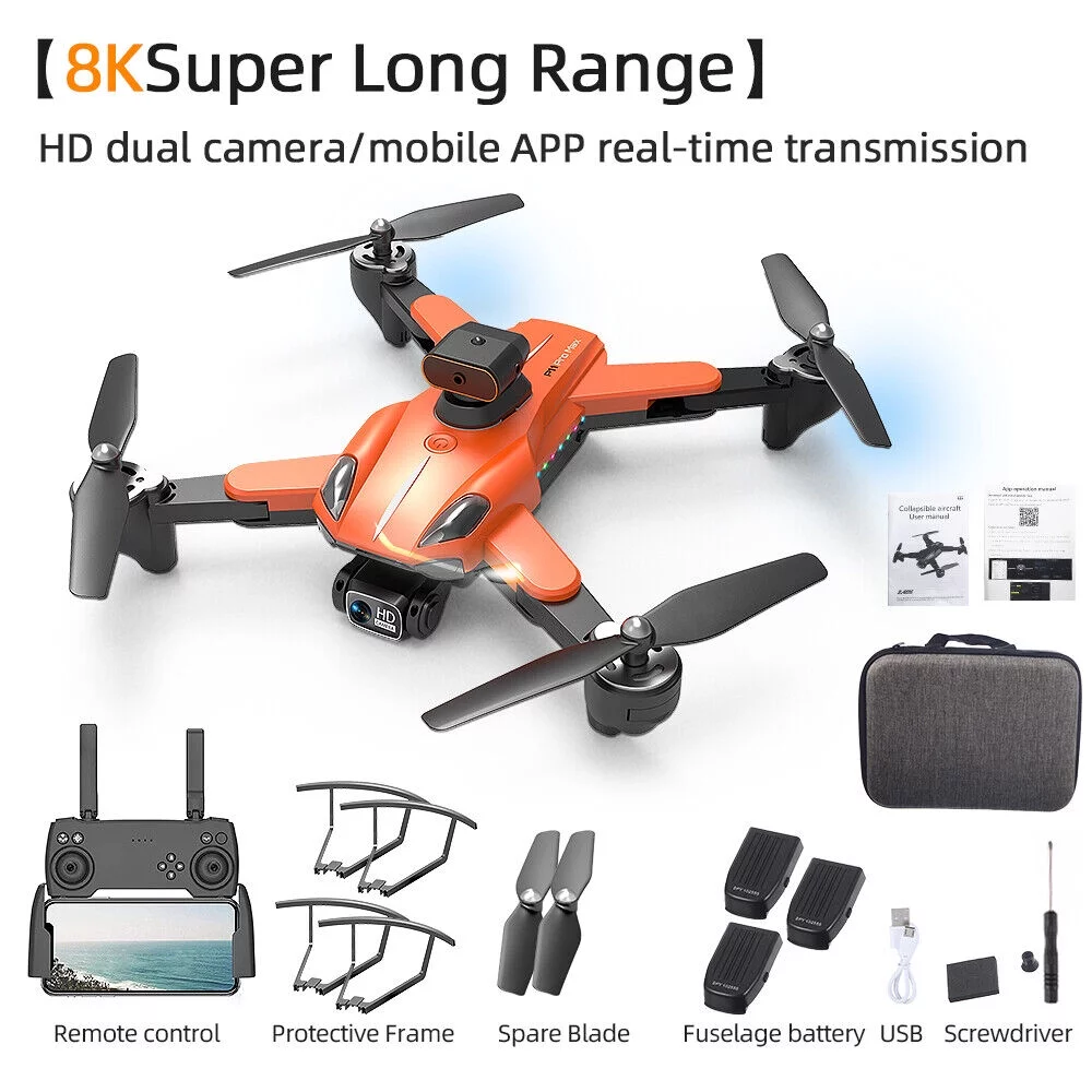 2023 5G RC Drone with 8K HD Dual Camera WiFi FPV Foldable Quadcopter +4 Battery-Orange