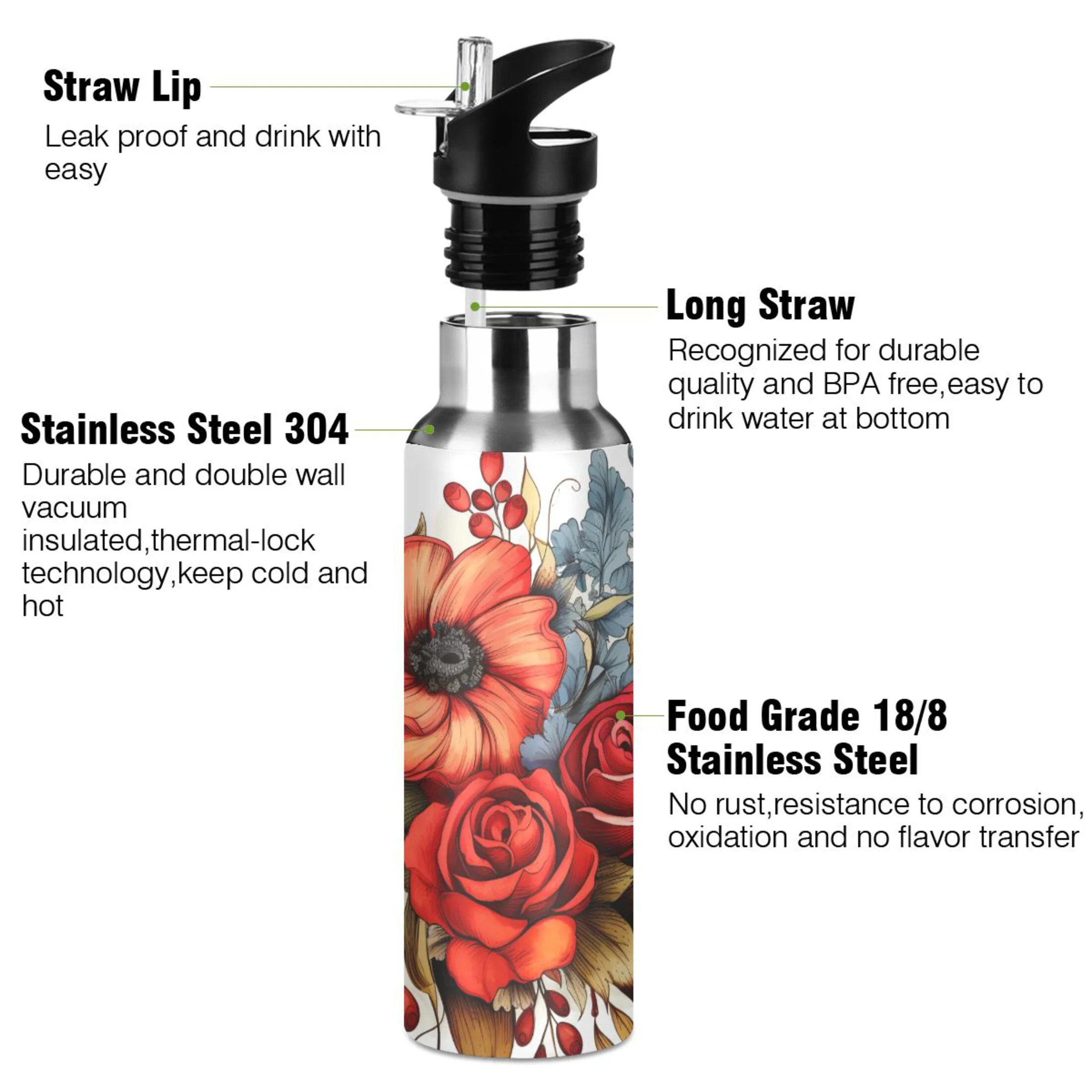 Roses Flowers Water Bottles Insulated Thermos Kids Stainless Steel Bottle with Straw Lid Flask Leakproof for Sports Gym 20 oz