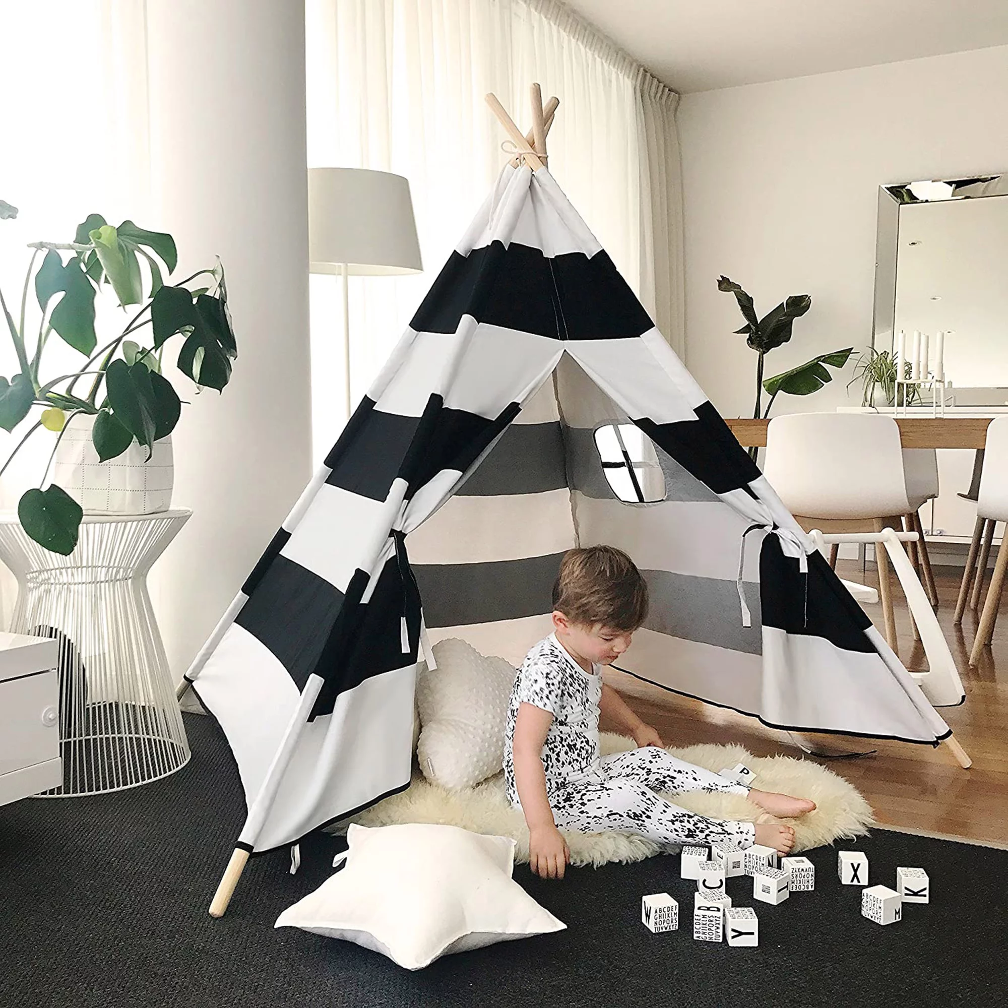 Kids Teepee Tent for Boys Girls Black and White Stripe Canvas Children Play Tent for Indoor Outdoor Garden Patio