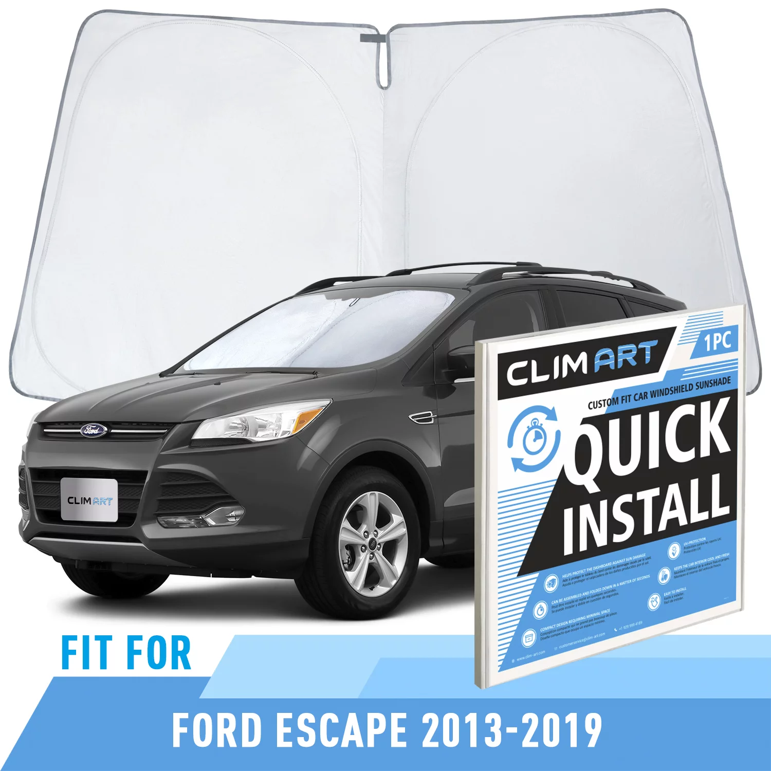 CLIM ART Windshield Sun Shade for Ford Escape 2013-2019 - Custom-Fit Foldable Car Sun Shade - Car Sunshade - Vehicle Sun Protector - Front Auto Windshield Cover, Car Windshield - WS1101