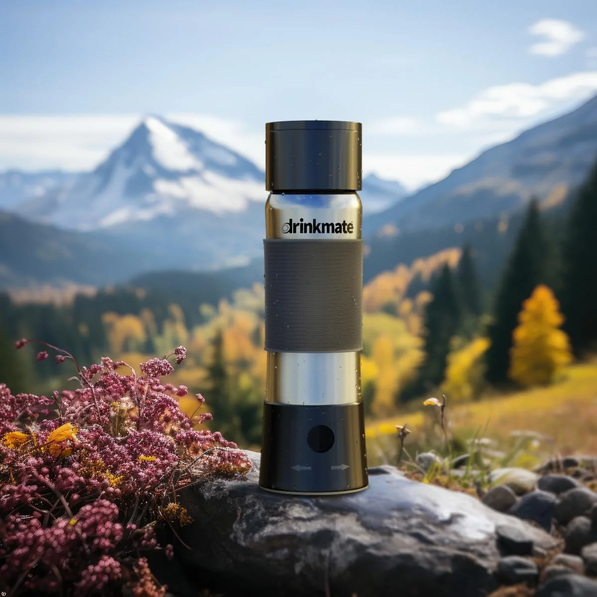 DrinkMate instaFizz Carbonating Water Bottle - Sparkles ANY Drink On the Go - 21oz Stainless Steel, BPA-Free, Wide Mouth, With Insulating Sleeve and Ten 8g CO2 Chargers (Black)