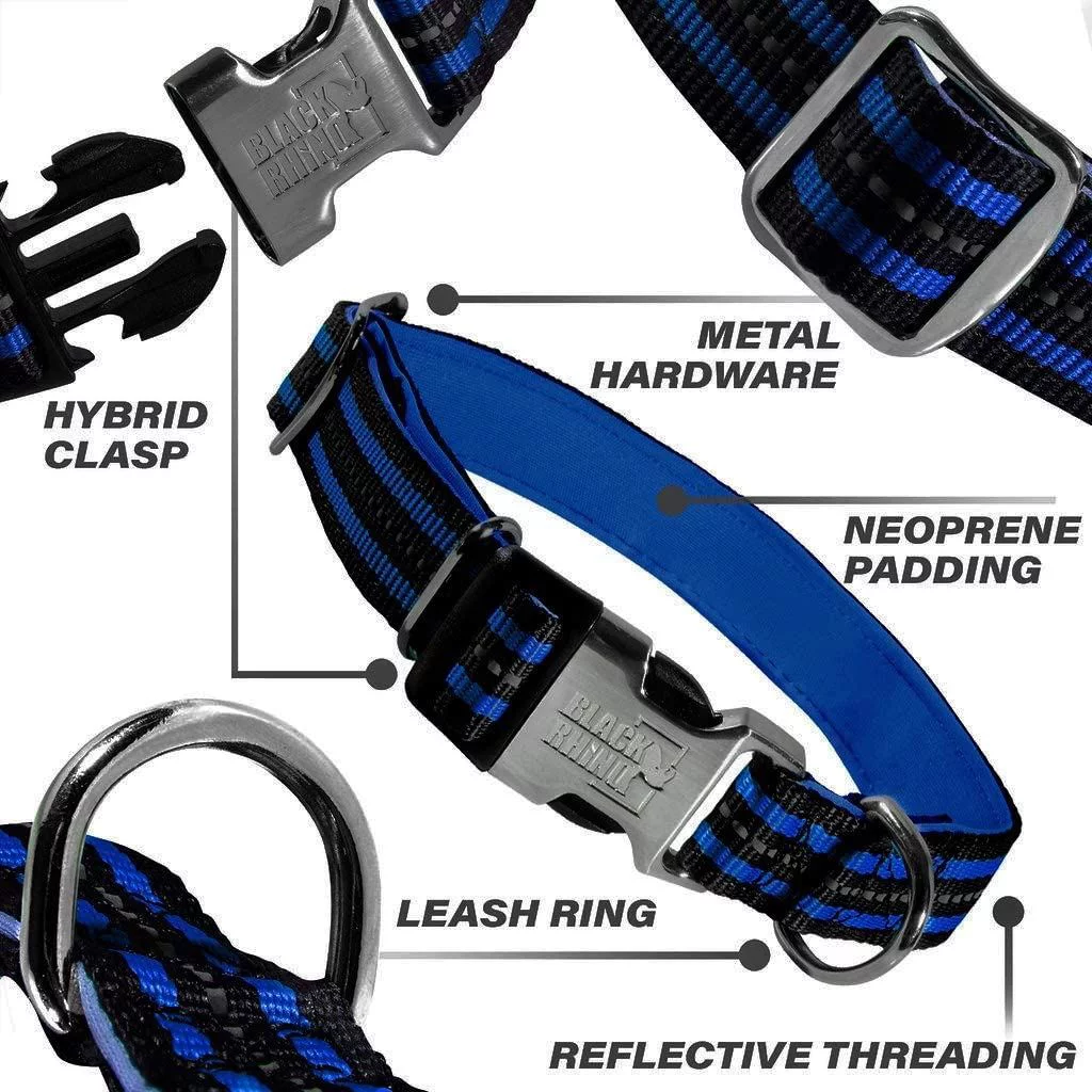 Black Rhino - Classic Striped Adjustable Dog Collar for Small Medium Large Breeds | 3m Reflective Threading | 4 Bright Colors - Matching Leashes Sold Separately (Blue Striped, Small)