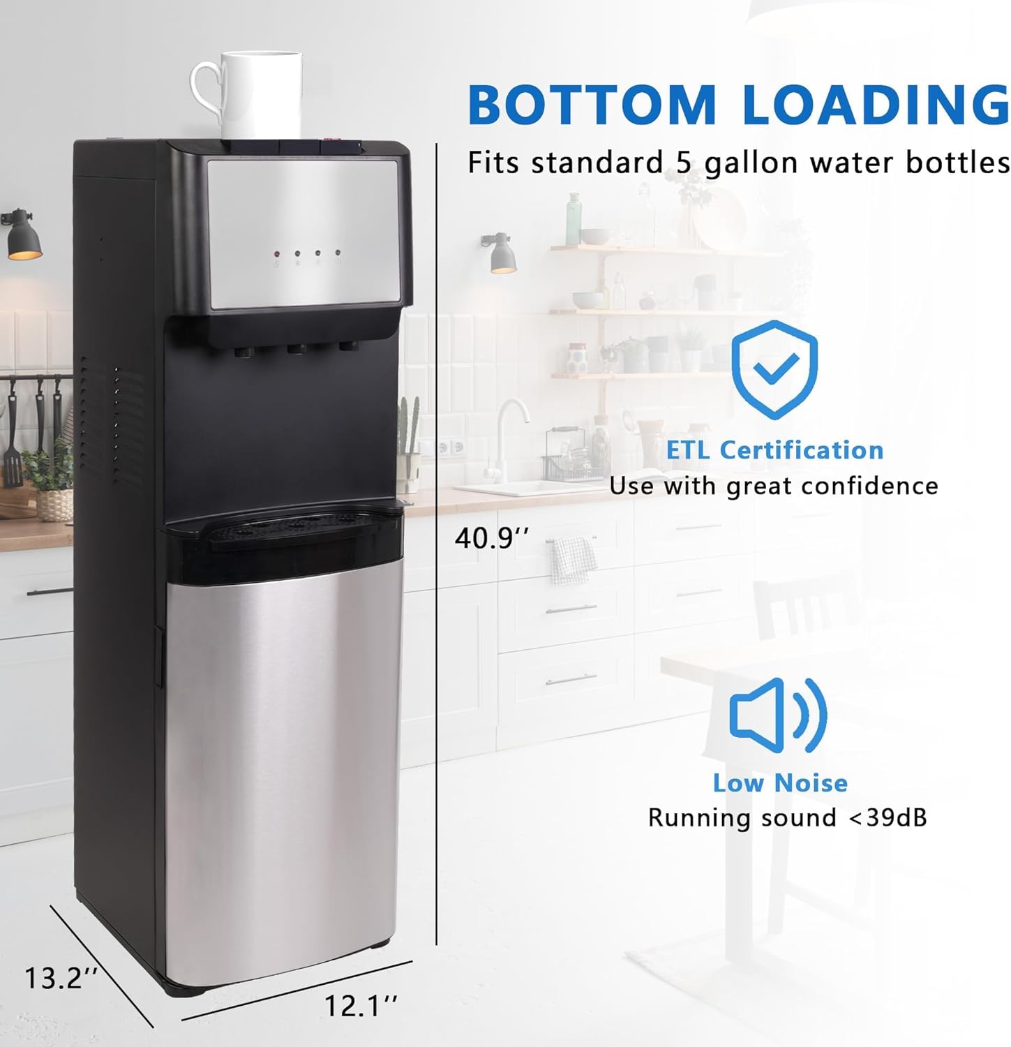 U-SHARE Bottom Loading Water Cooler Dispenser, 5 Gallon Bottles - Hot, Cold & Room Water Dispenser with 3-Temperature, Child Safety Lock, Removable Drip Tray, Black & Stainless