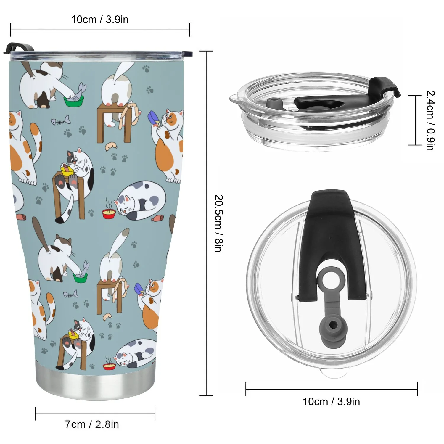 Hidove Stainless Steel Tumbler, Seamless Pattern with Cats and Food 30oz Leak Proof & Stainless Steel Bottle for Hot & Cold Drinks - Coffee Travel Mug, Water Metal Canteen, Thermal Cup