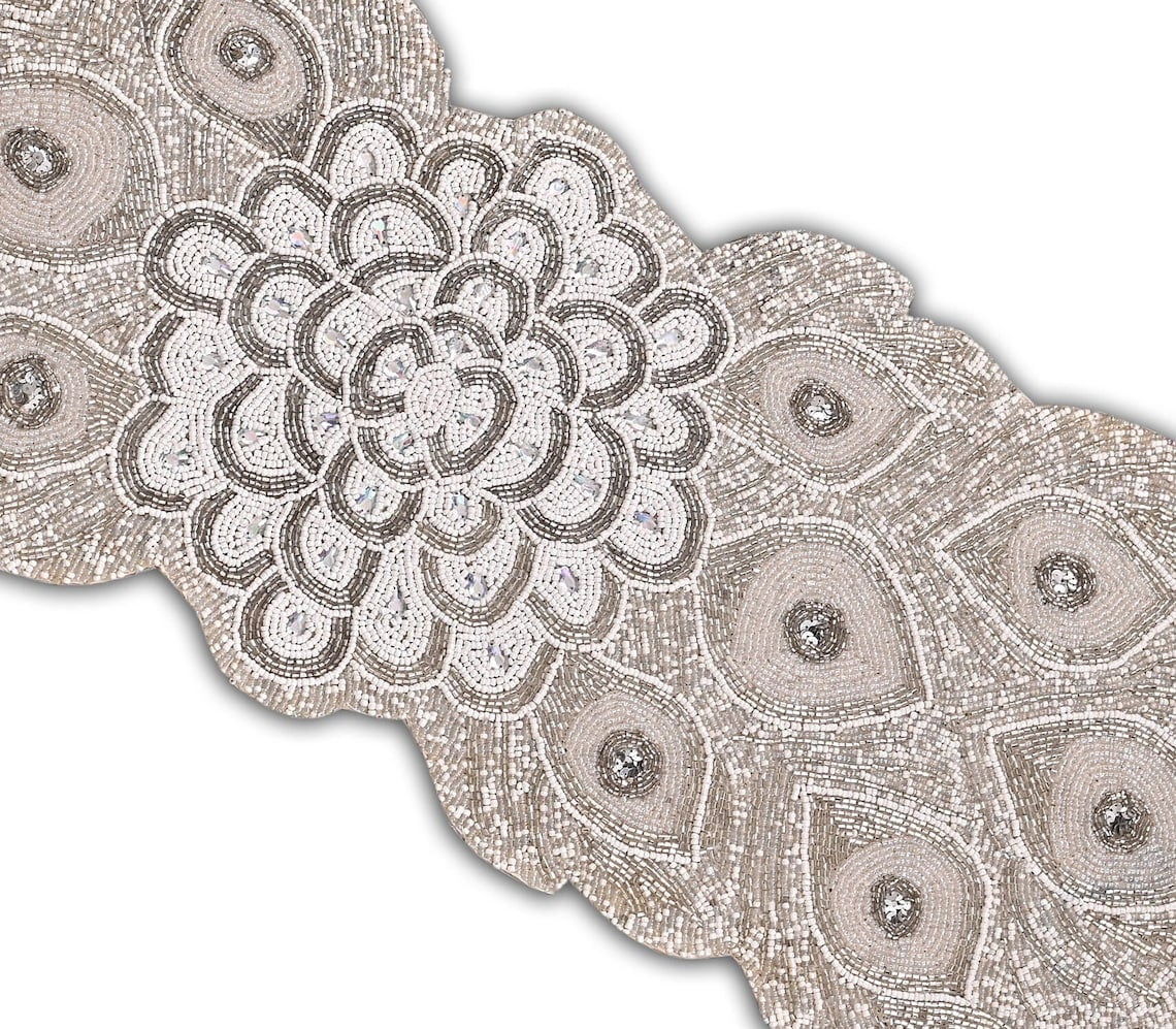 Handmade Beaded Table Runner, Peacock Feather Design Table Topper, Designer Tableware 13X36 Inch