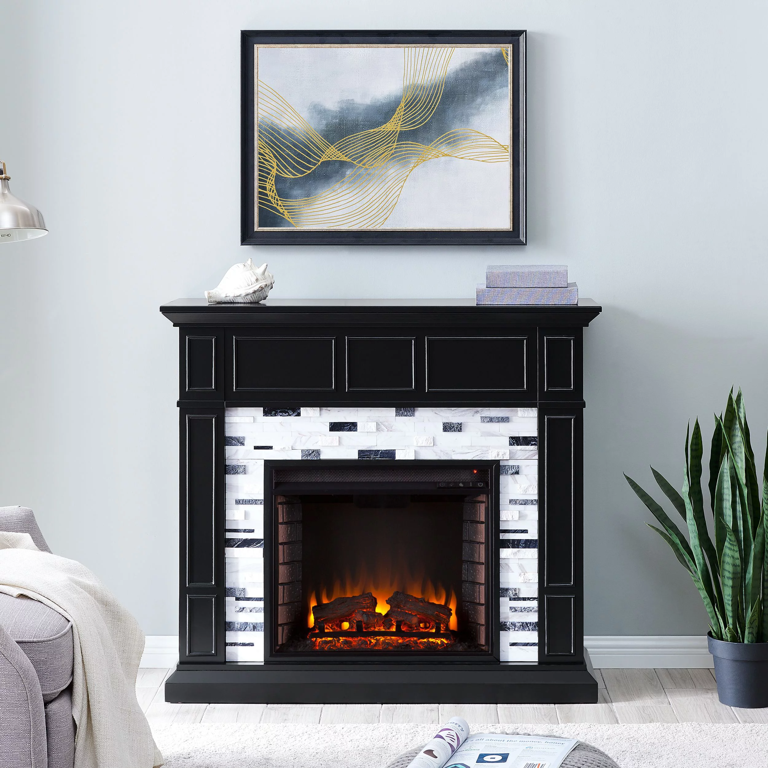 SEI Furniture Frescan Freestanding Marble Electric Fireplace in Black with White and Gray Marble