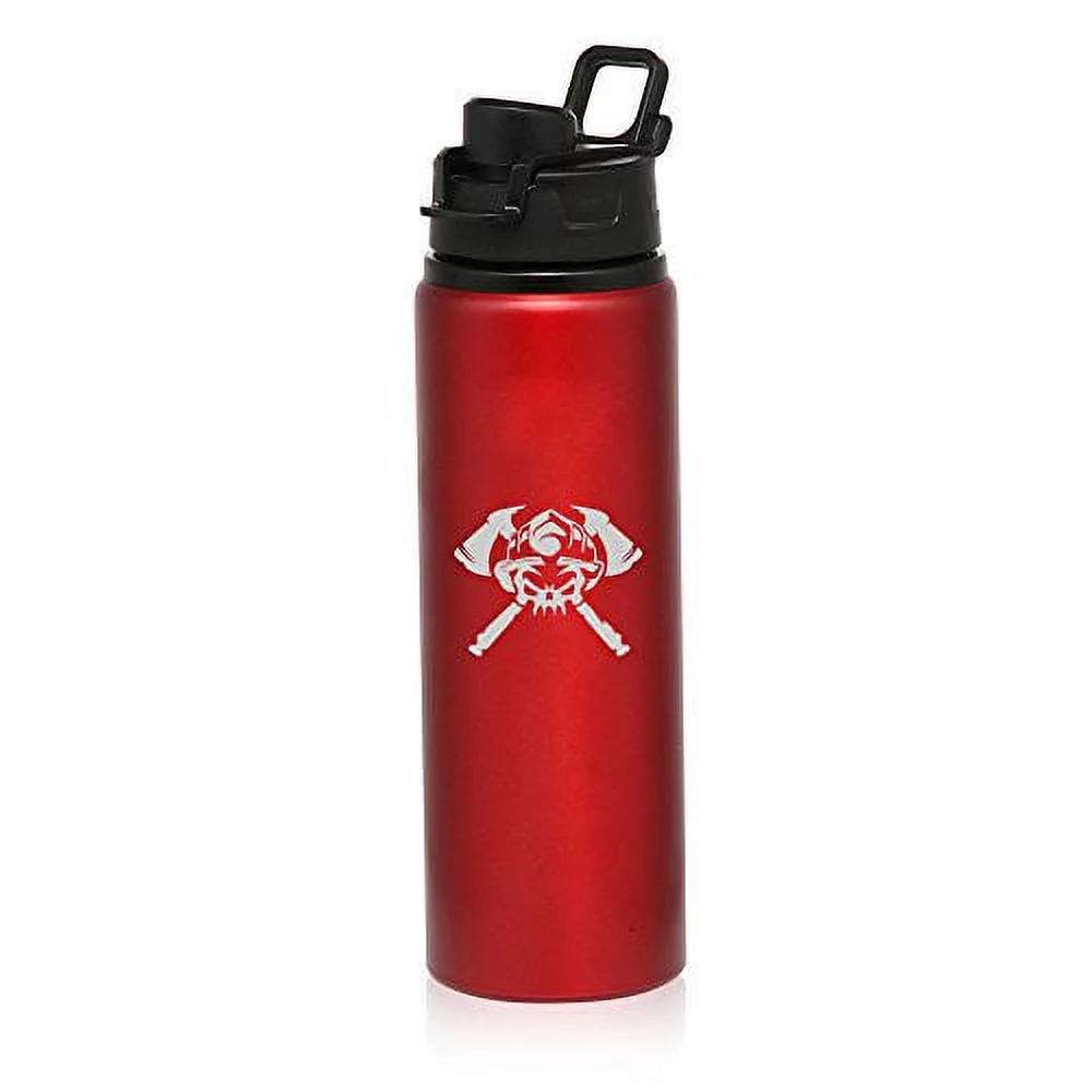25 oz Aluminum Sports Water Travel Bottle Firefighter Skull (Red)
