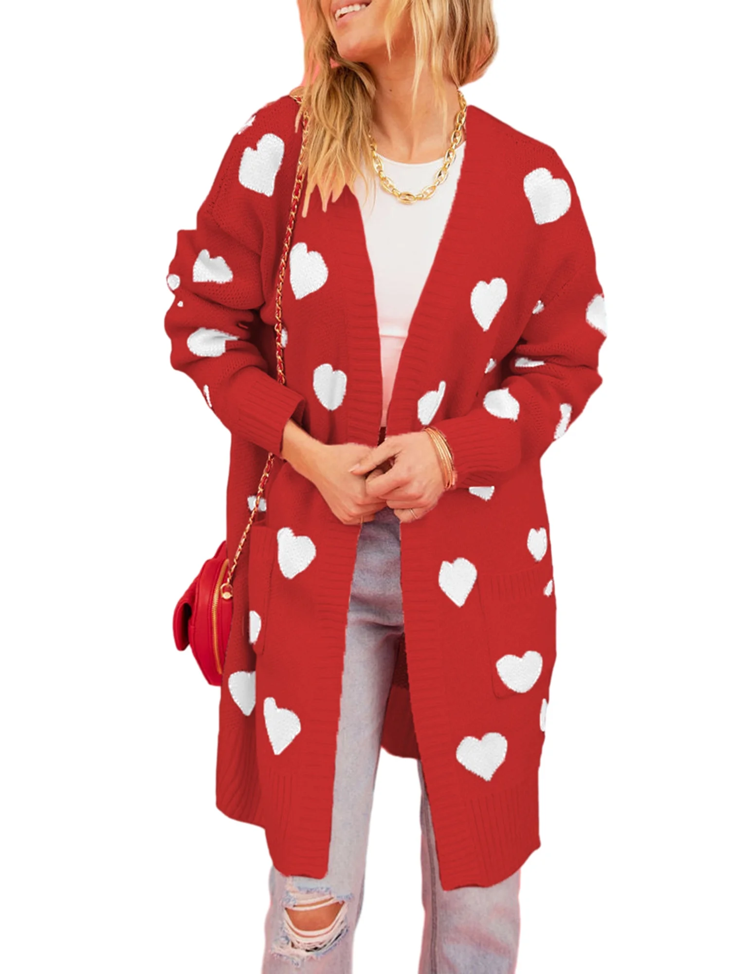 Arvbitana Women's Knit Long Cardigans Heart Print Long Sleeve Open Front Sweater Coat with Pockets Ladies Casual Warm Knitwear Outerwear for Streetwear
