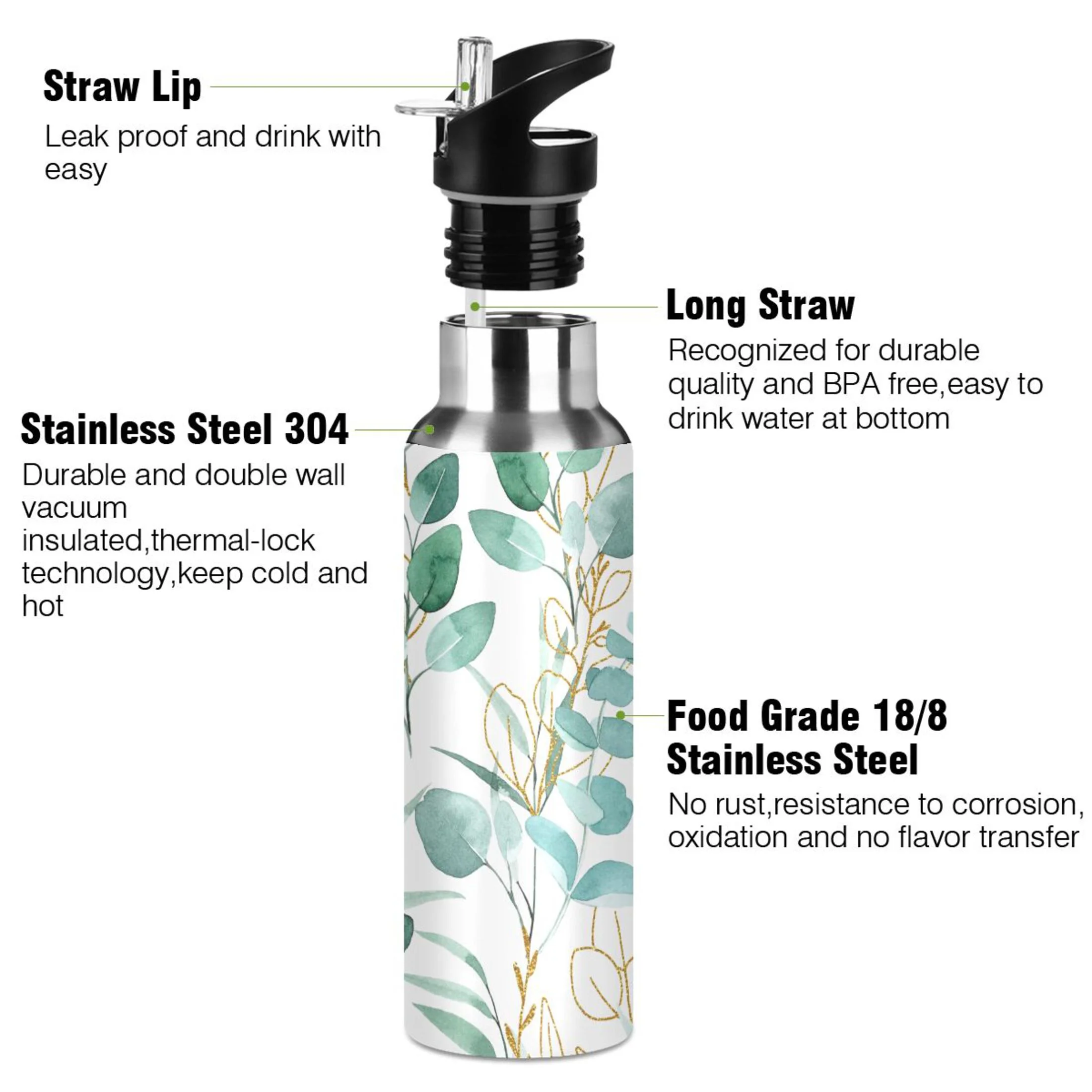 Stainless Steel Water Bottle Leaves Green Tropical Plant with Straw Lid Vacuum Insulated Keeps Hot and Cold Leak Proof Flask Jug for Gym Travel Sports Cycling Outdoor 20 OZ