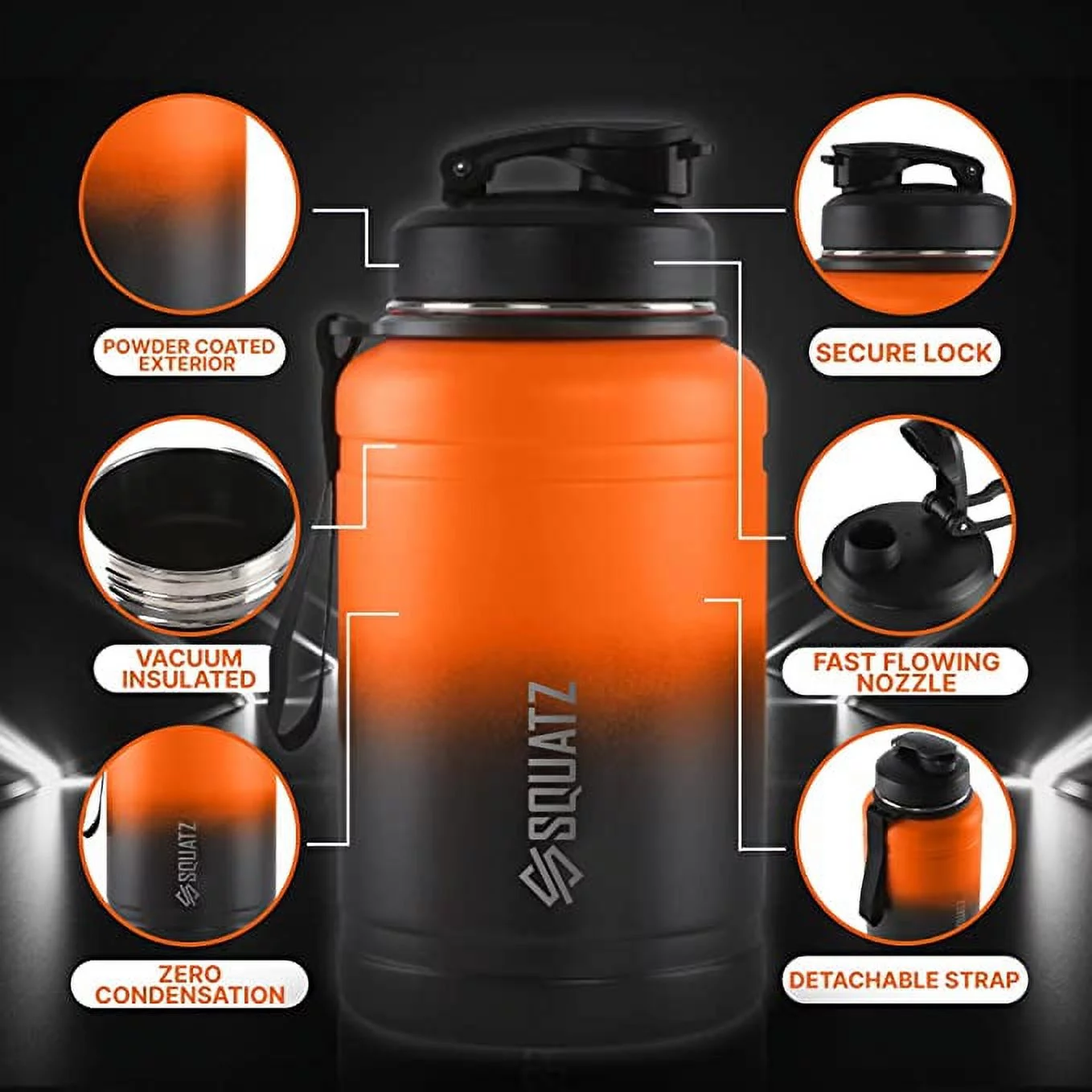 Squatz 74 Oz Neptune Series Steel Water Bottle, Stainless Double Wall Vacuum Jug W/ Handle Strap