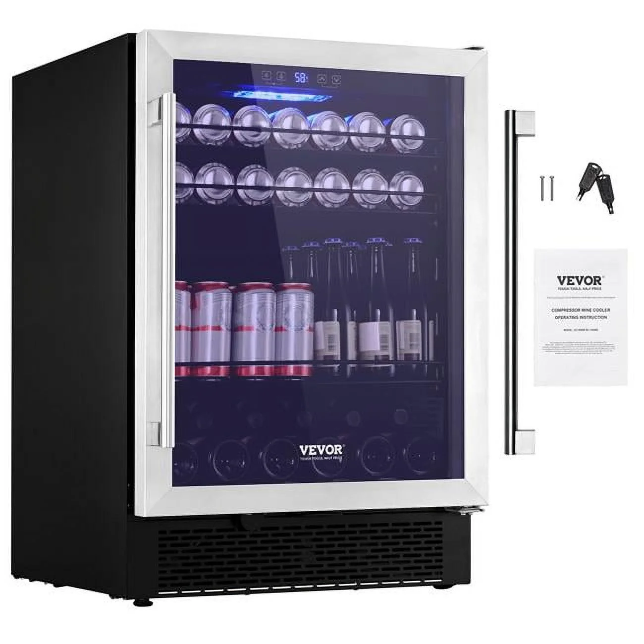 Vevor  Wine Cooler 154 Cans Capacity Under Counter Built-in or Freestanding Wine Refrigerator Beverage Cooler with Blue LED