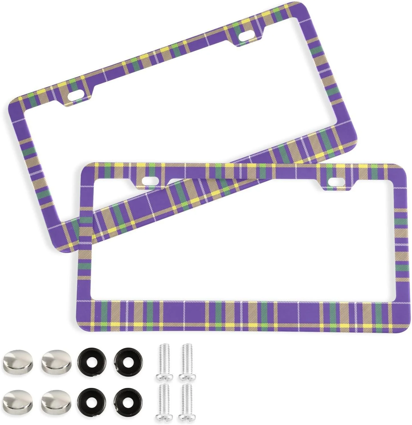 Hotbar Mardi Gras Tartan Plaid License Plate Frame, Decorative Aluminum Car Tag Frames, 2 Pack Universal Car License Plate Covers with 2 Holes and Screws