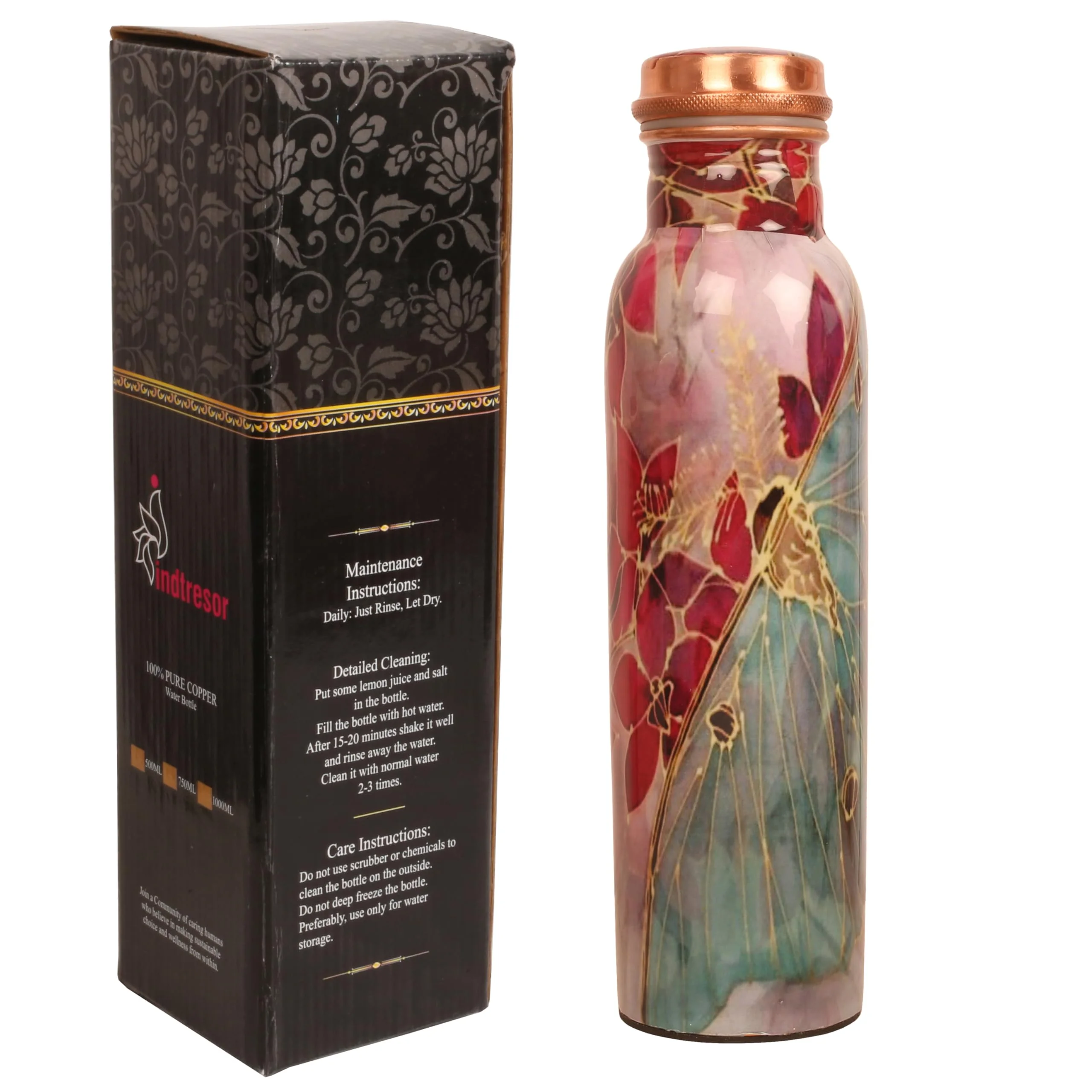 Indtresor Pure Copper Water Bottle - Handcrafted - Ayurveda Health Benefits - Large 35 oz - Leak proof - Easy to carry for Sports, Fitness, Yoga, School - Textured Red Floral Patterns .
