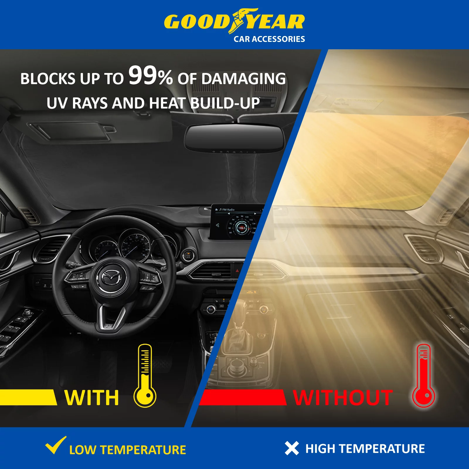 Goodyear Foldable Windshield Sun Shade for Mazda CX-9 2016-2024, Custom-Fit Car Windshield Cover, Car Sunshade, Vehicle Sun Protector, Auto Car Window Shades for Front Window - GY008248