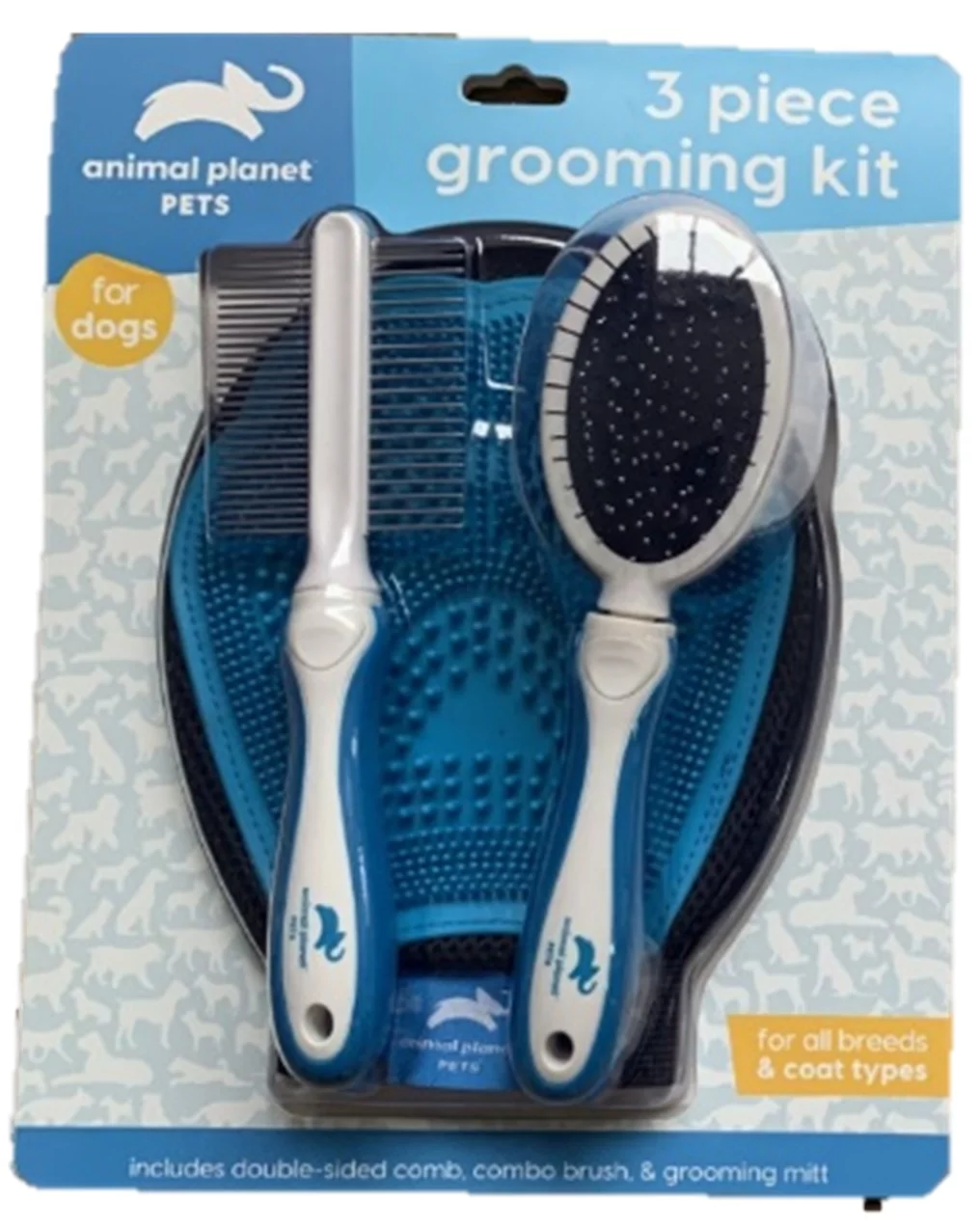 AnimalPlanet 3 Pack Grooming Kit- Double Sided Comb/ Grooming Mitt/ Combo Brush