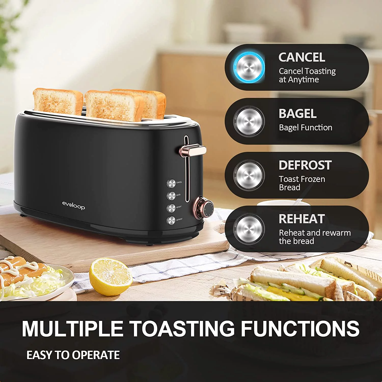 Evoloop Toaster 4 Slice, Stainless Steel Bread Toasters, 6 Bread Shade Settings, Black