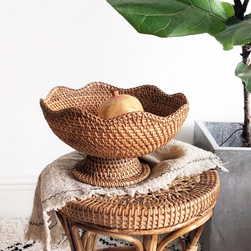 Rattan Fruit Plate Pedestal Display Basket Wicker Snack Trays