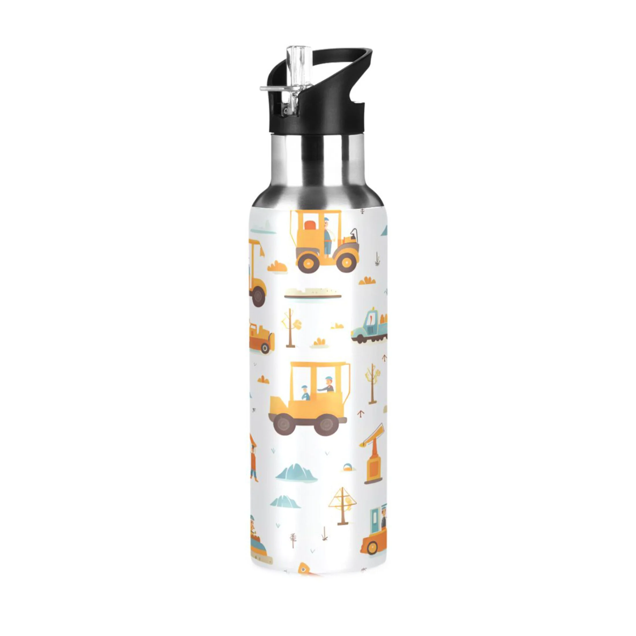 Water Bottle with Straw Lid Leak Cartoon Excavator Trucks Stainless Steel Insulated Thermos Vacuum Flask for Cold Hot Drinking for Sports Camping Gym Yoga