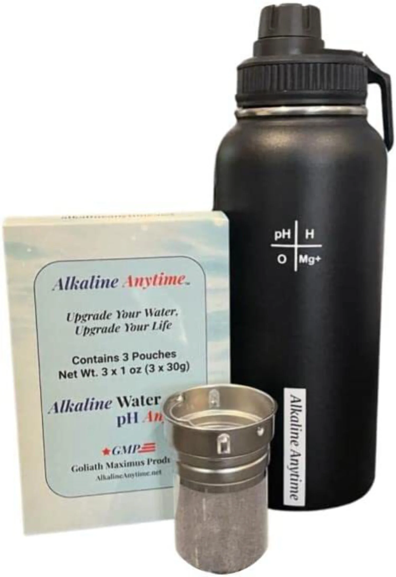 32oz. Alkaline Water Bottle Stainless Steel | Creates pH Water up to 9.5+ pH | Wide Mouth Vacuum Insulated With Handle | Micromesh Pouch and Infuser