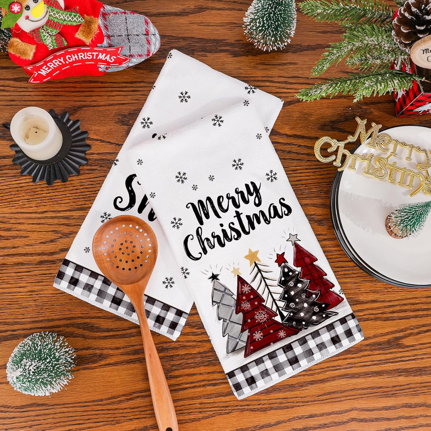Newhomestyle Christmas Kitchen Towels Set of 2, 16x24 Inch Merry Christmas Dish Towels Buffalo Plaid Christmas Decor Hand Towels Seasonal Winter Christmas Decorations (Christmas)