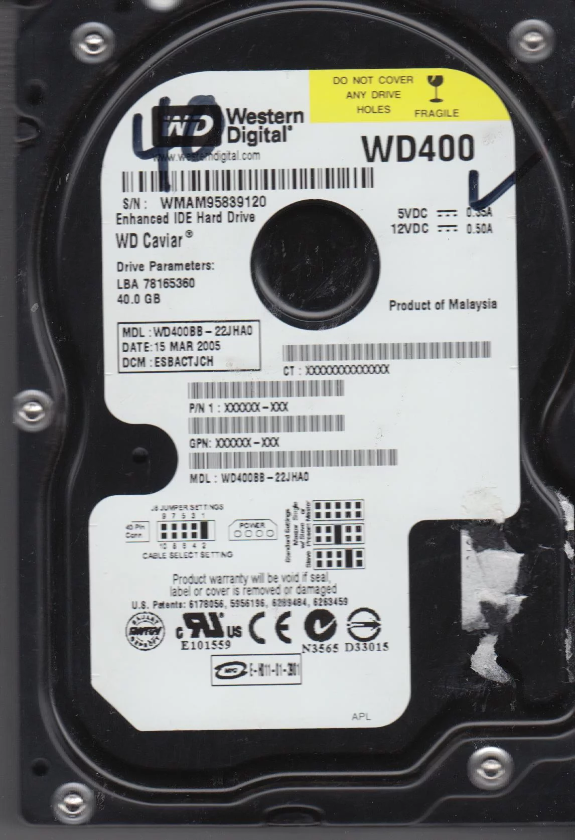 WD400BB-22JHA0, DCM ESBACTJCH, Western Digital 40GB IDE 3.5 Hard Drive
