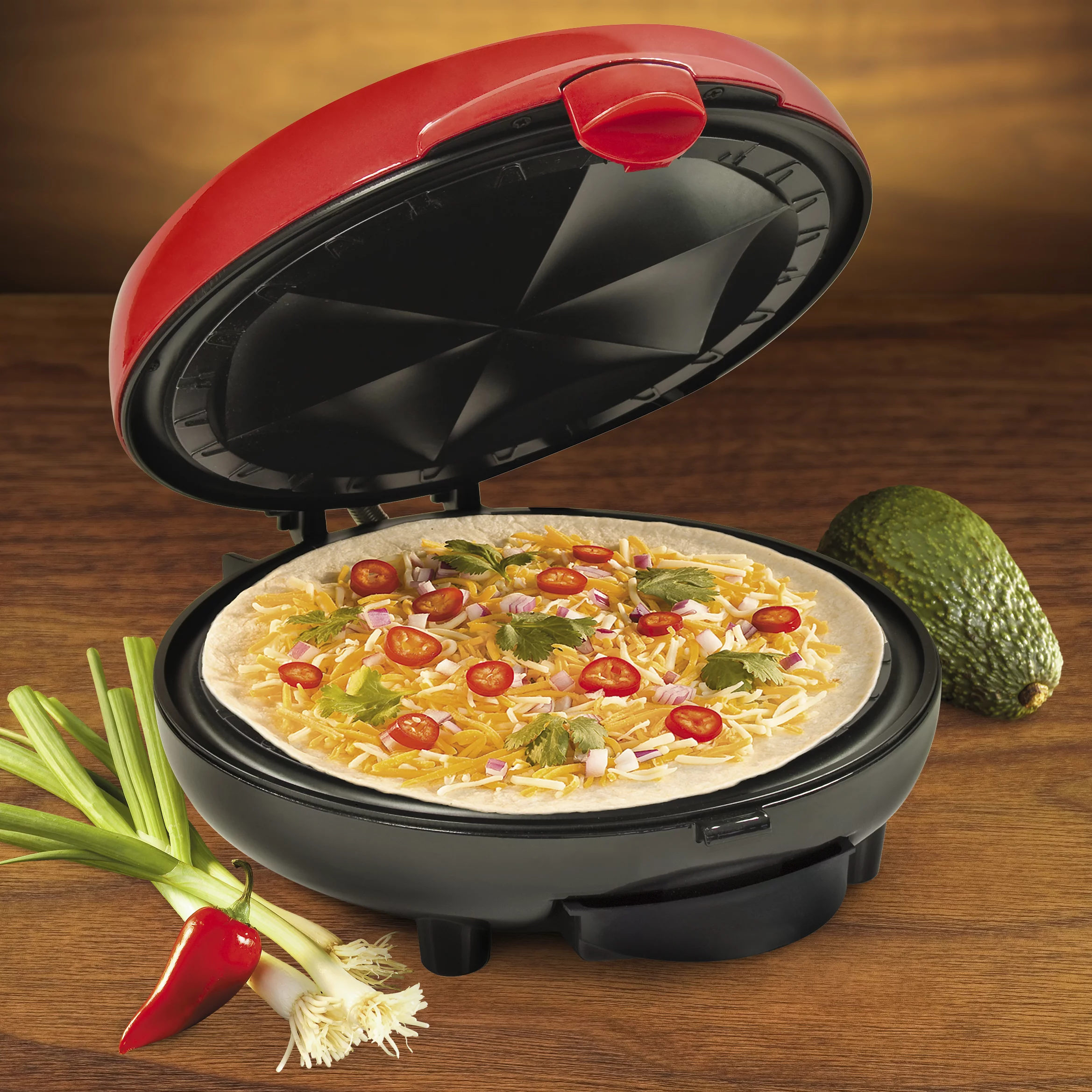 Taco Tuesday TTEQM8RD Deluxe 10-Inch 6-Wedge Electric Quesadilla Maker with Extra Stuffing Latch