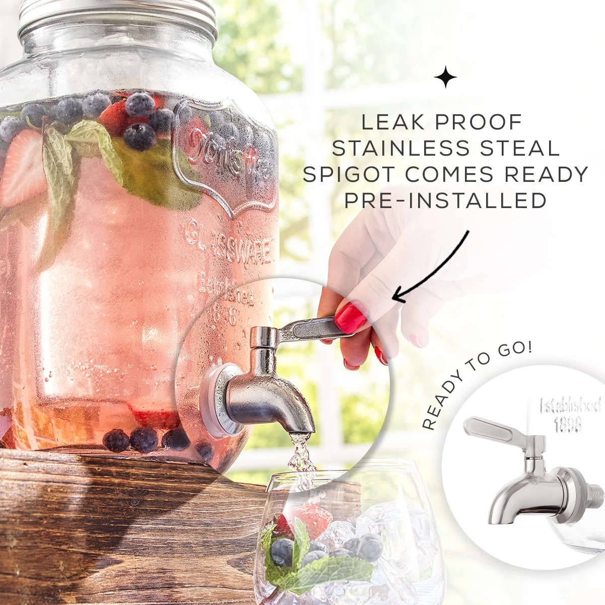 JoyJolt 1 Gallon Clear Glass Drink Dispenser with Spout PLUS Bonus Ice Infuser, & Fruit Infuser