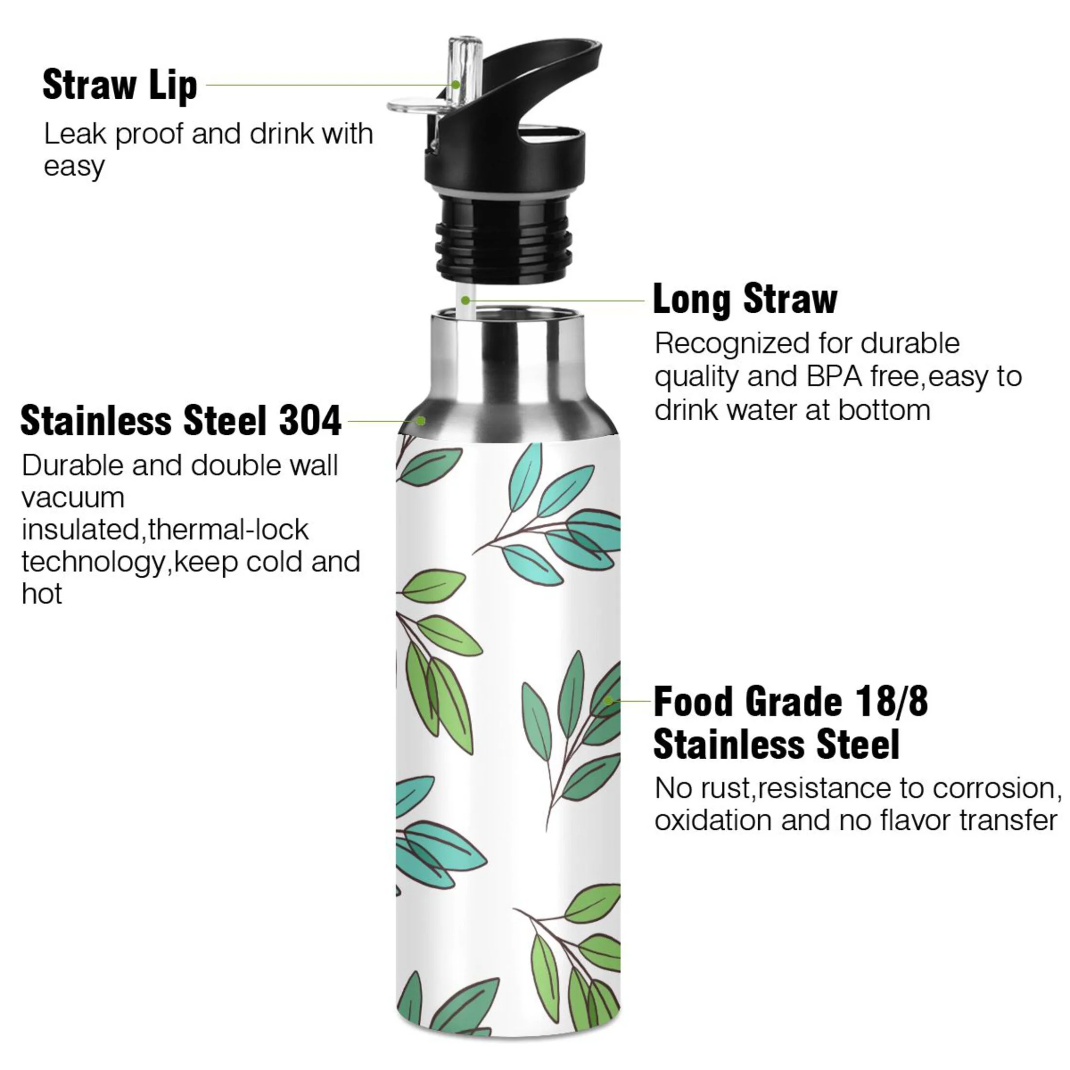Water Bottle with Straw Lid Leak Green Leaves Stainless Steel Insulated Thermos Vacuum Flask for Cold Hot Drinking for Sports Camping Gym Yoga