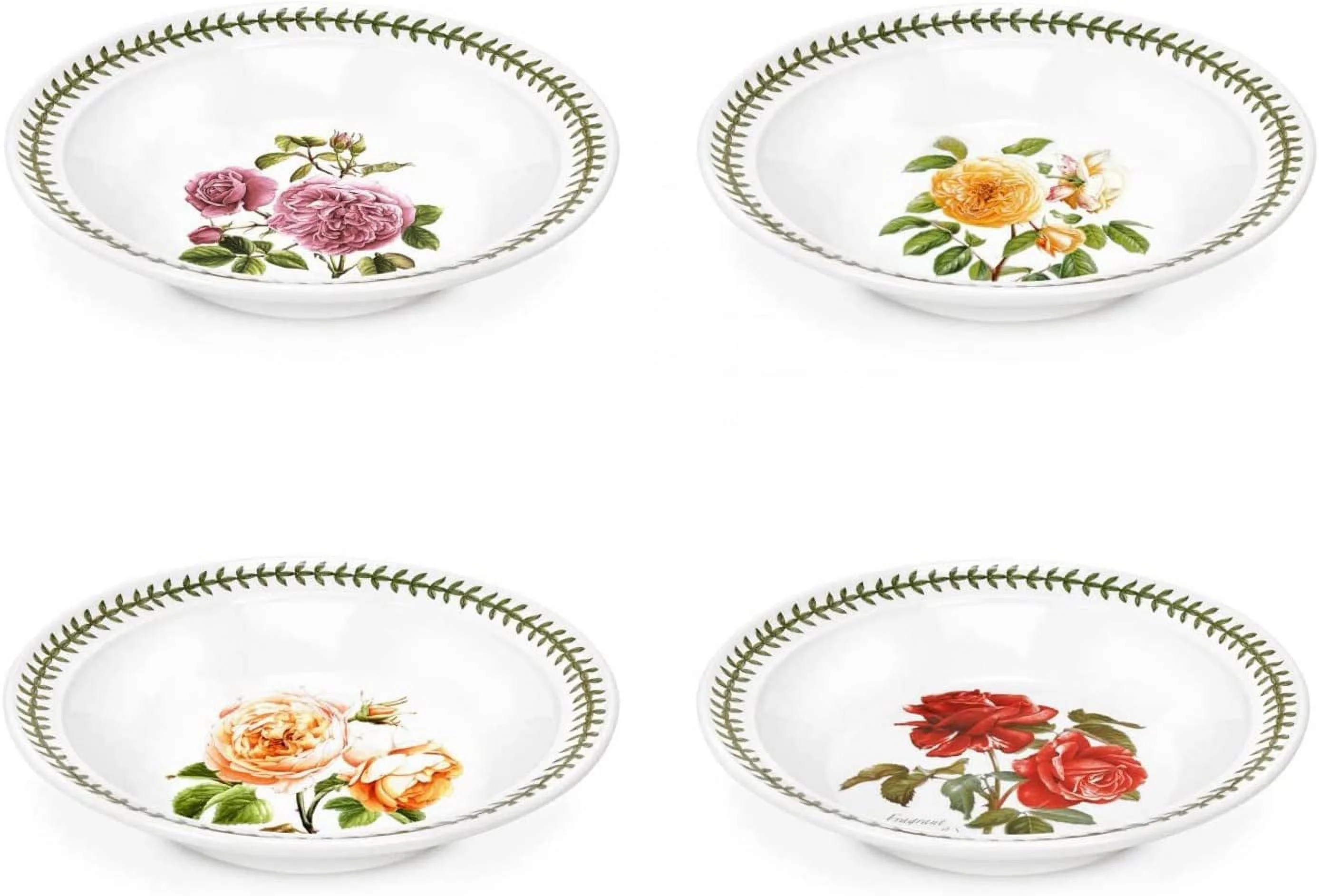 Portmeirion Botanic Roses Soup Bowl with Rim, Assorted Motifs, Set of 4, Round, 8.5 Inch, For Dinner, Pasta, Soups, & Salads, Dishwasher, Microwave, and Oven Safe