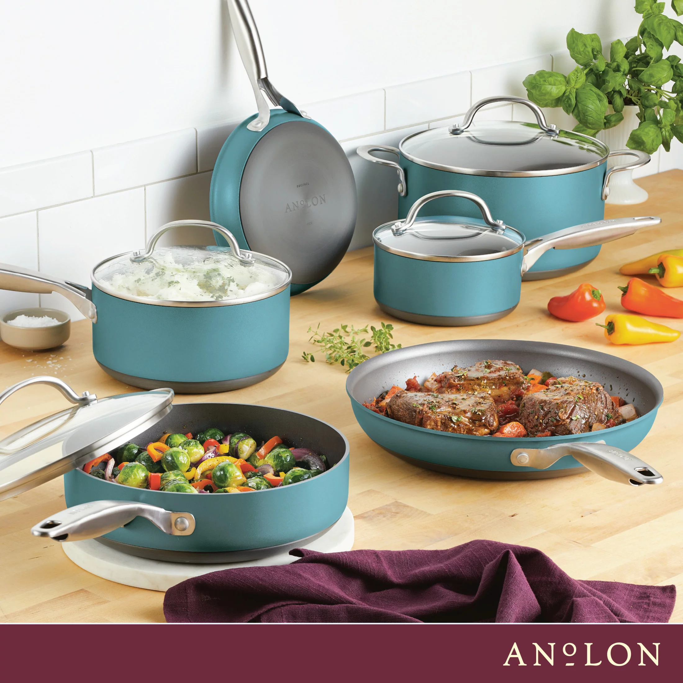 Anolon Achieve 10 Piece Hard Anodized Nonstick Pots and Pans Set, Teal