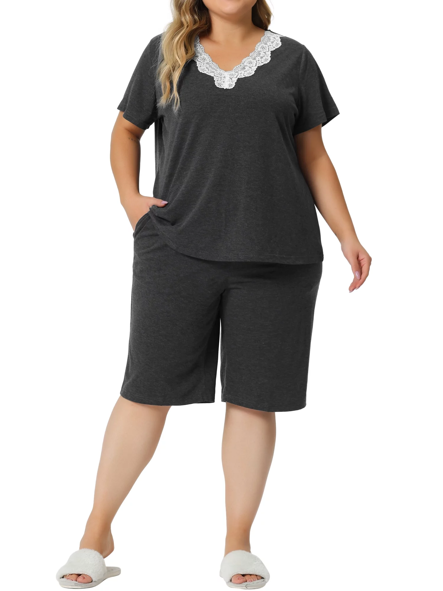 Agnes Orinda Pajamas Set for Women's Plus Size Short Sleeve V Neck Elastic Waist Sleepwear 2 Piece Nightgown