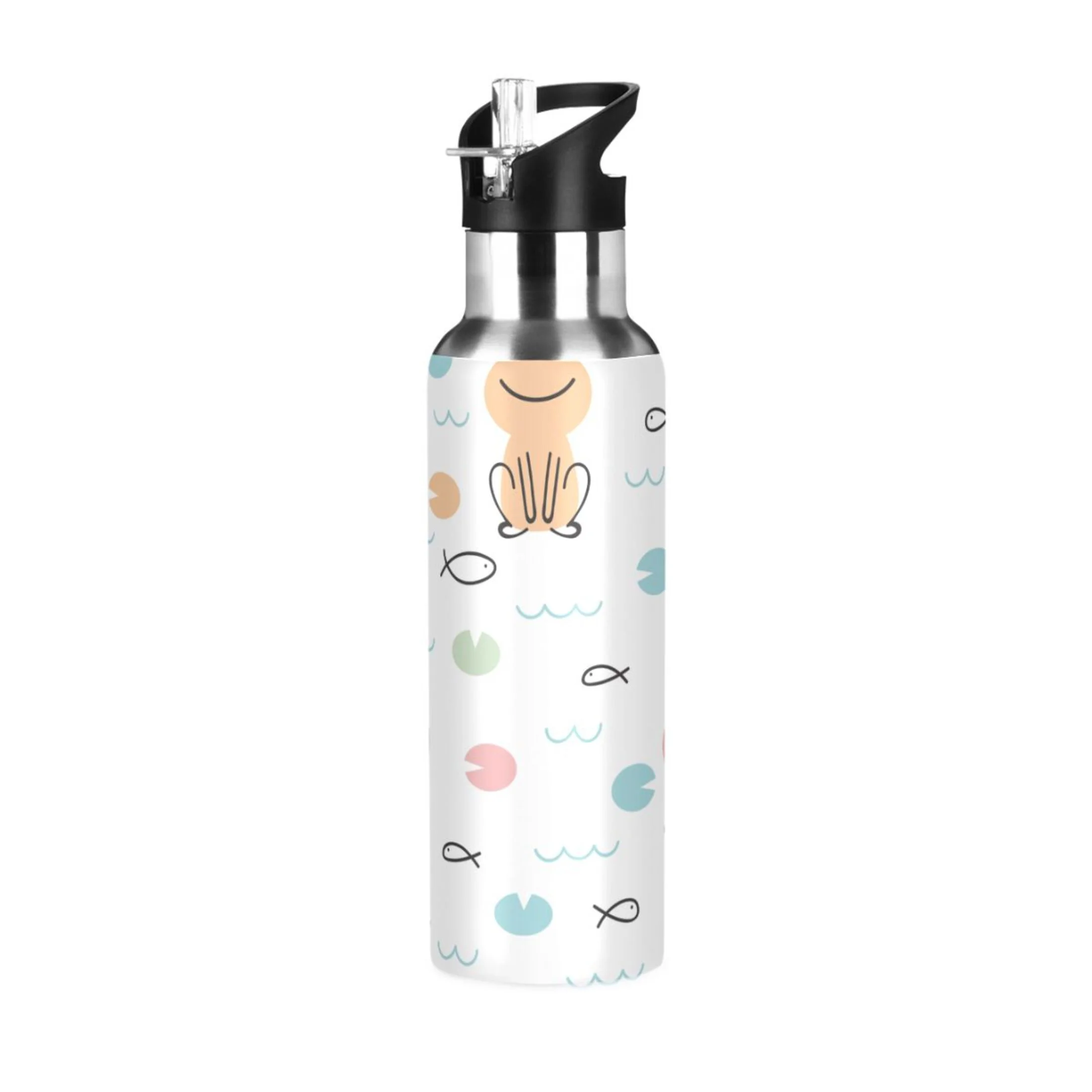 Water Bottle with Straw Lid Leak Cute Cartoon Frogs Fishes Stainless Steel Insulated Thermos Vacuum Flask for Cold Hot Drinking for Sports Camping Gym Yoga