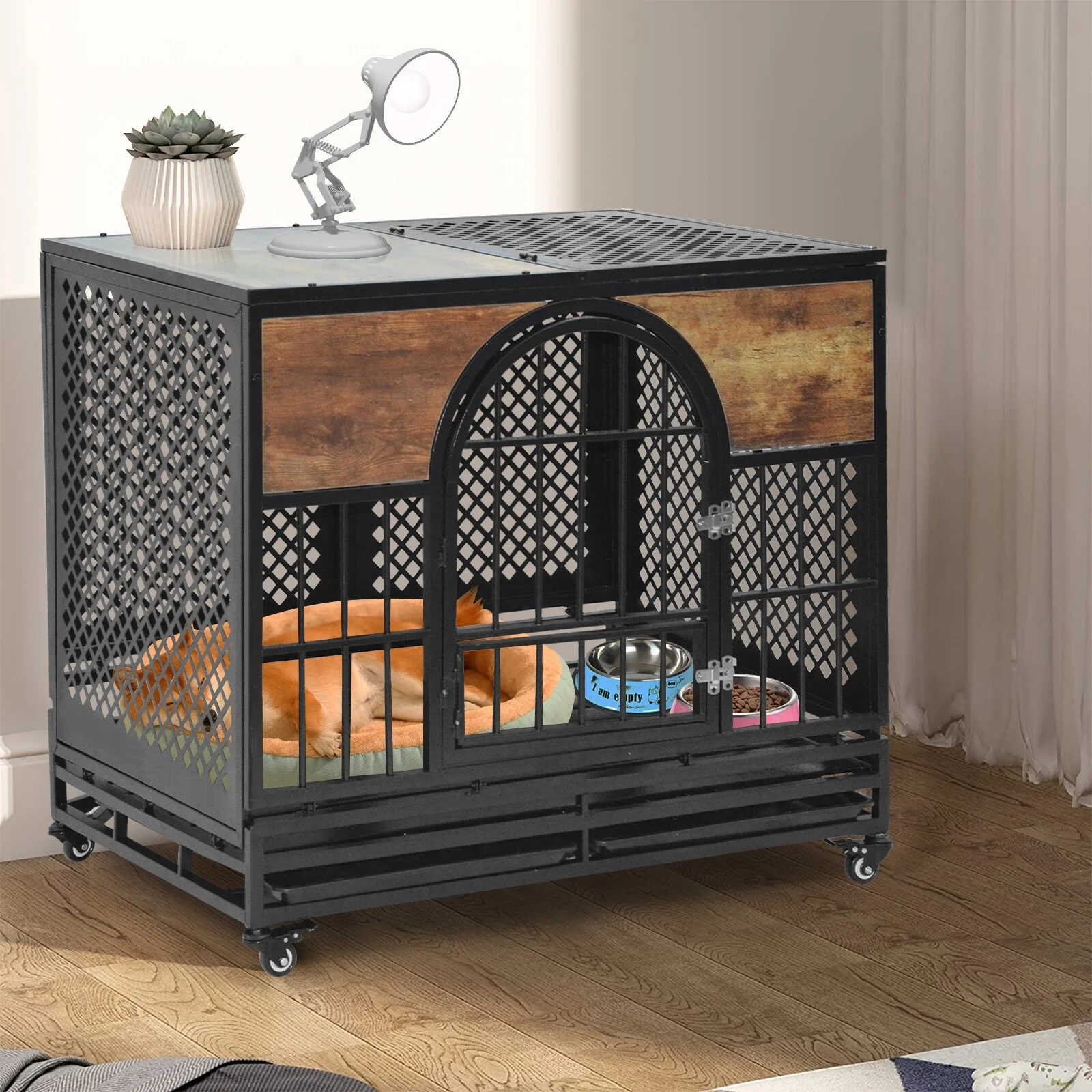 Unbranded Heavy Duty Dog Crate Furniture with 360 Degree Lockable Wheels, Brown 36 in