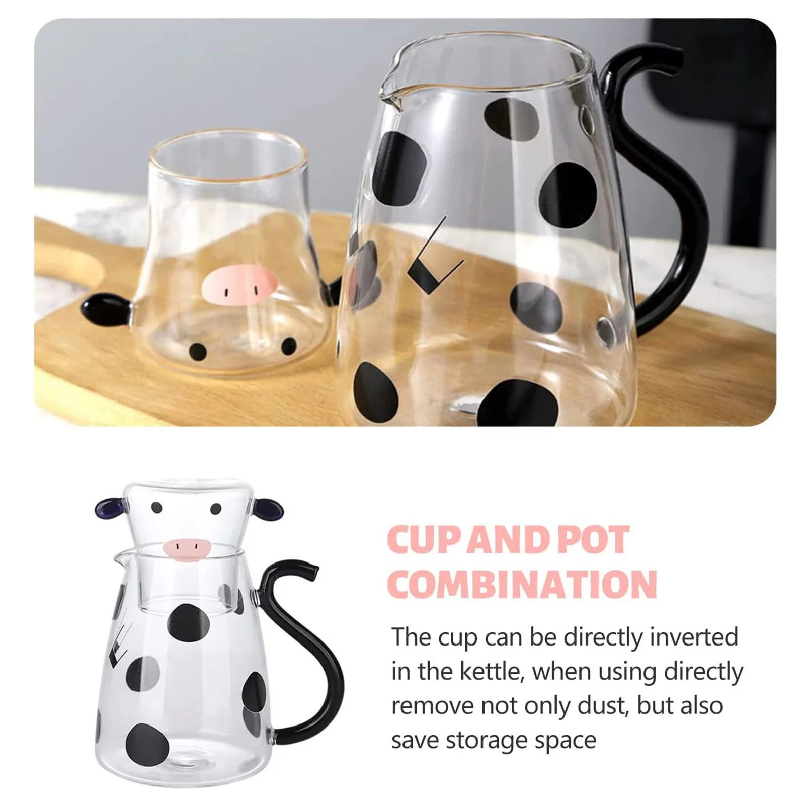 Cartoon Cow Clear Glass Night Water Bottle Set With Glass Water Bottle And Night Cup