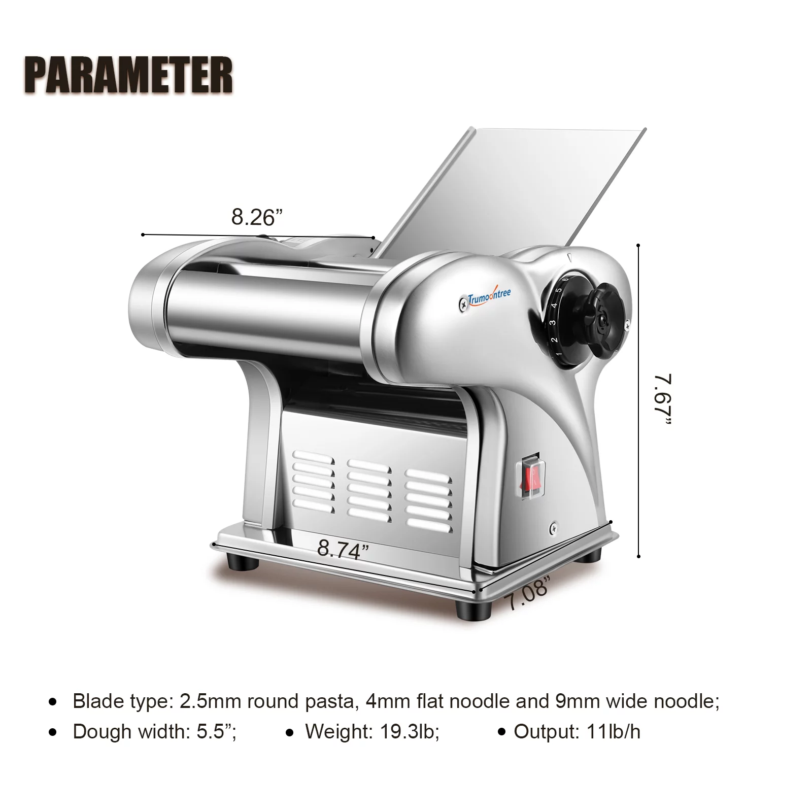 Trumoontree Electric Pasta Maker Noodle Maker Pasta Making Machine Stainless Steel US 110V for Family Use 3 Blades Type