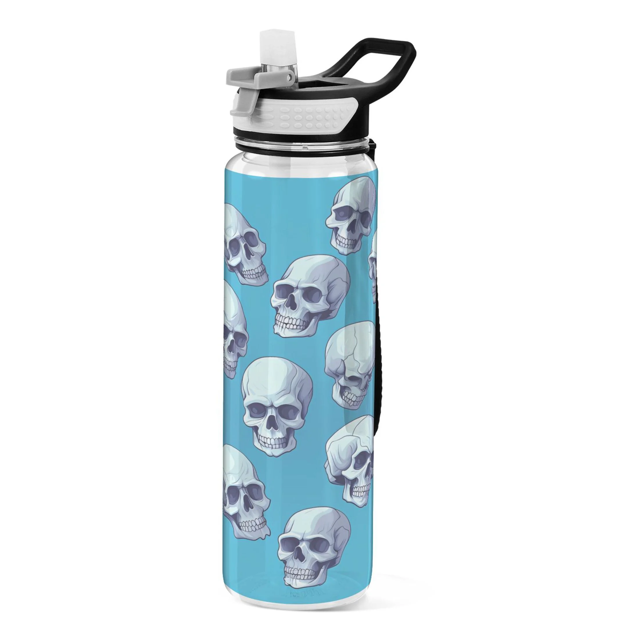 Skulls on Blue 32oz Water Bottles with Straw Tritan Leakproof Sports Bottle BPA Free Clear for Fitness Gym Swimming Cycling