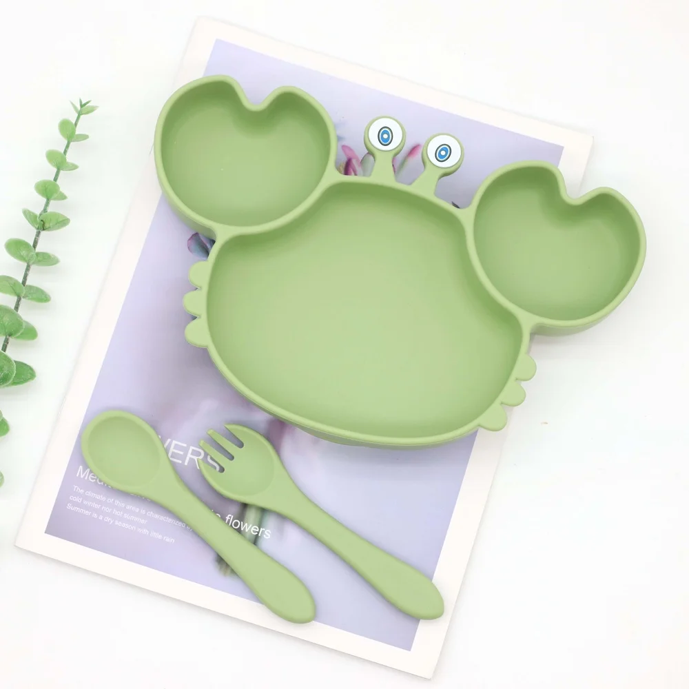 Baby Silicone Plate With Suction Cup, Suitable For Baby, Baby Spoon And Fork Set Suitable For Children, Baby Tableware, Children's Plate - Crab