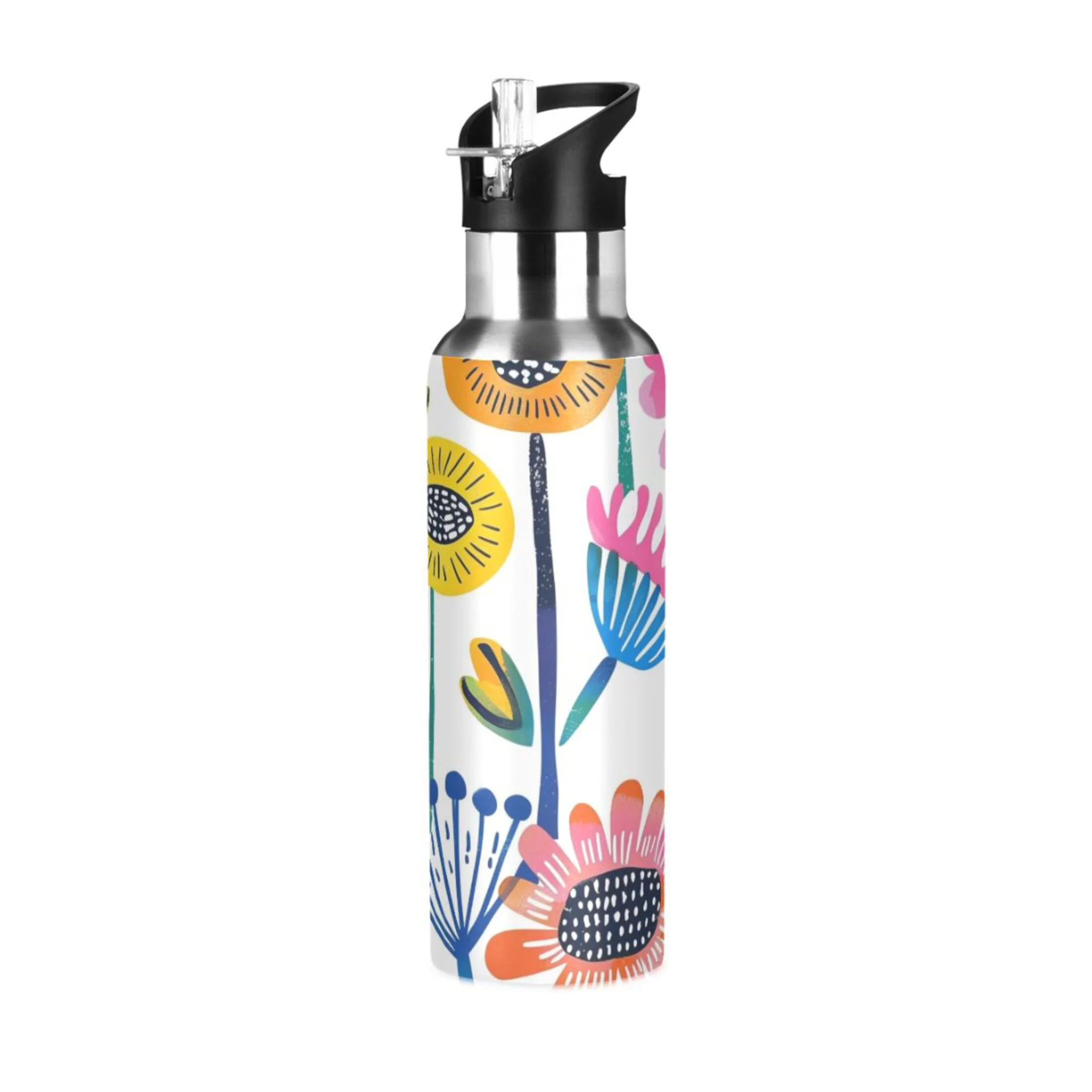Flower Water Bottles Insulated Thermos Kids Stainless Steel Bottle with Straw Lid Flask Leakproof for Sports Gym 20 oz