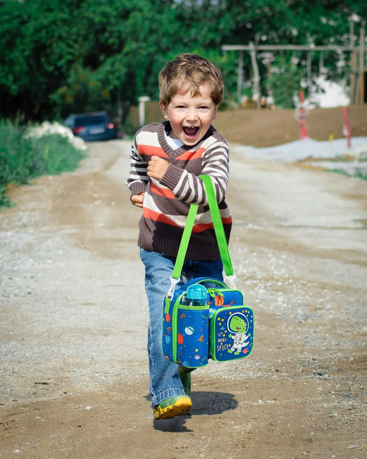 IvyH Kids Insulated Lunch Bag Reusable Lunch Box Thermal Meal Tote Bag,Leakproof Cooler Lunchbox 3 Compartments with Water Bottle Holder,Blue Dinosaur