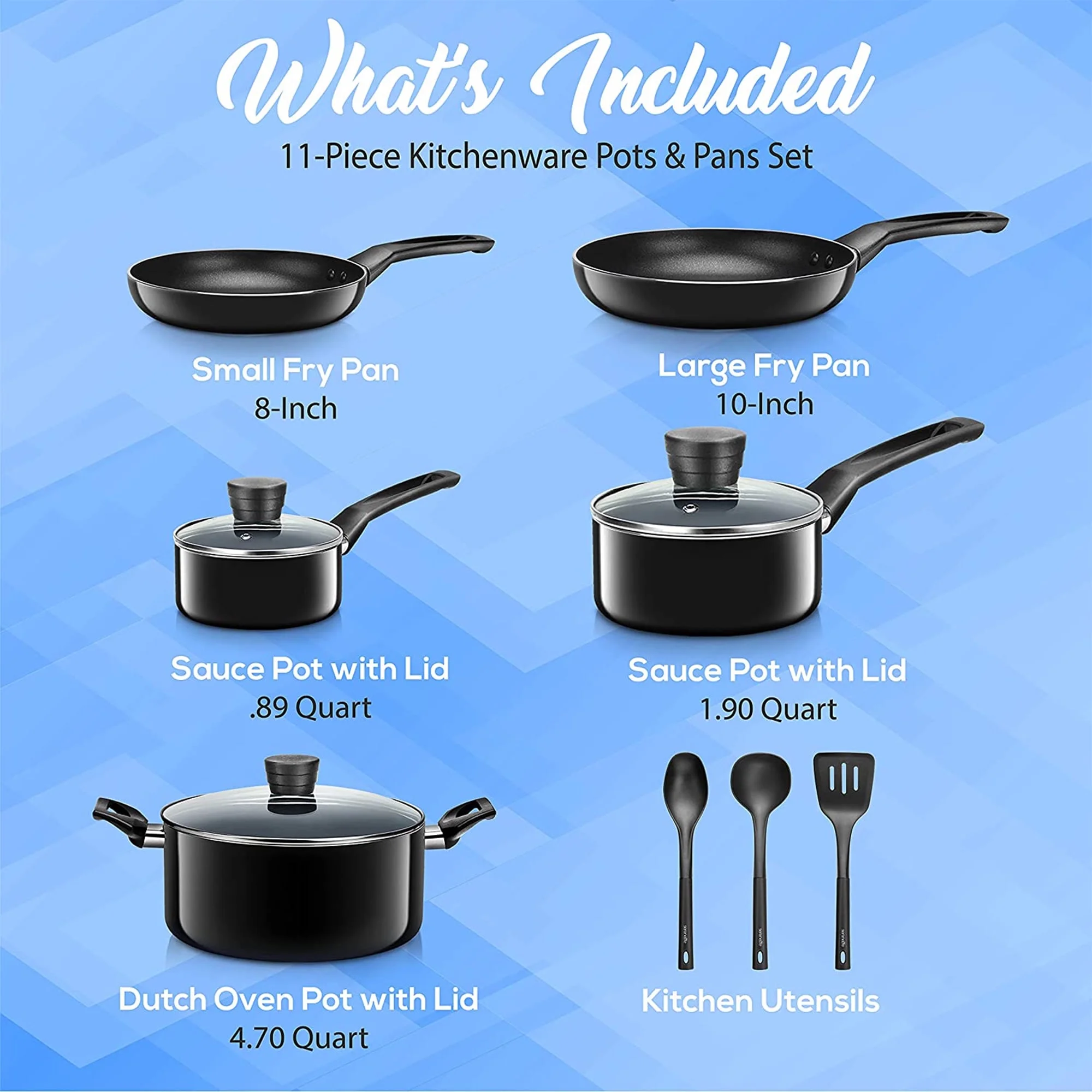 SereneLife 11 Piece Non Stick Pots, Pans, and Utensil Cookware Set, Black