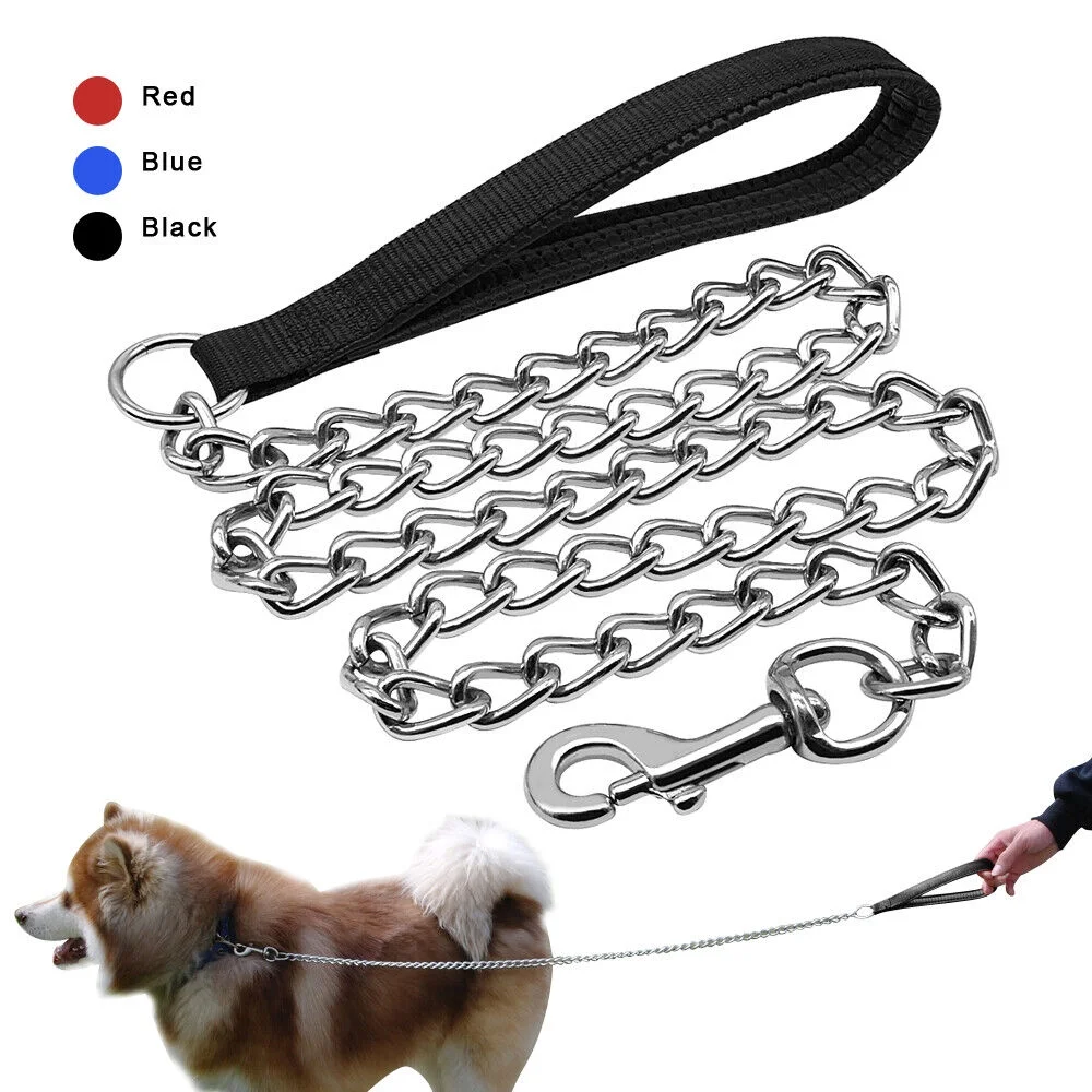 4ft Dog Chain Leash Heavy Duty Metal Walking Lead with Nylon Padded Handle Large