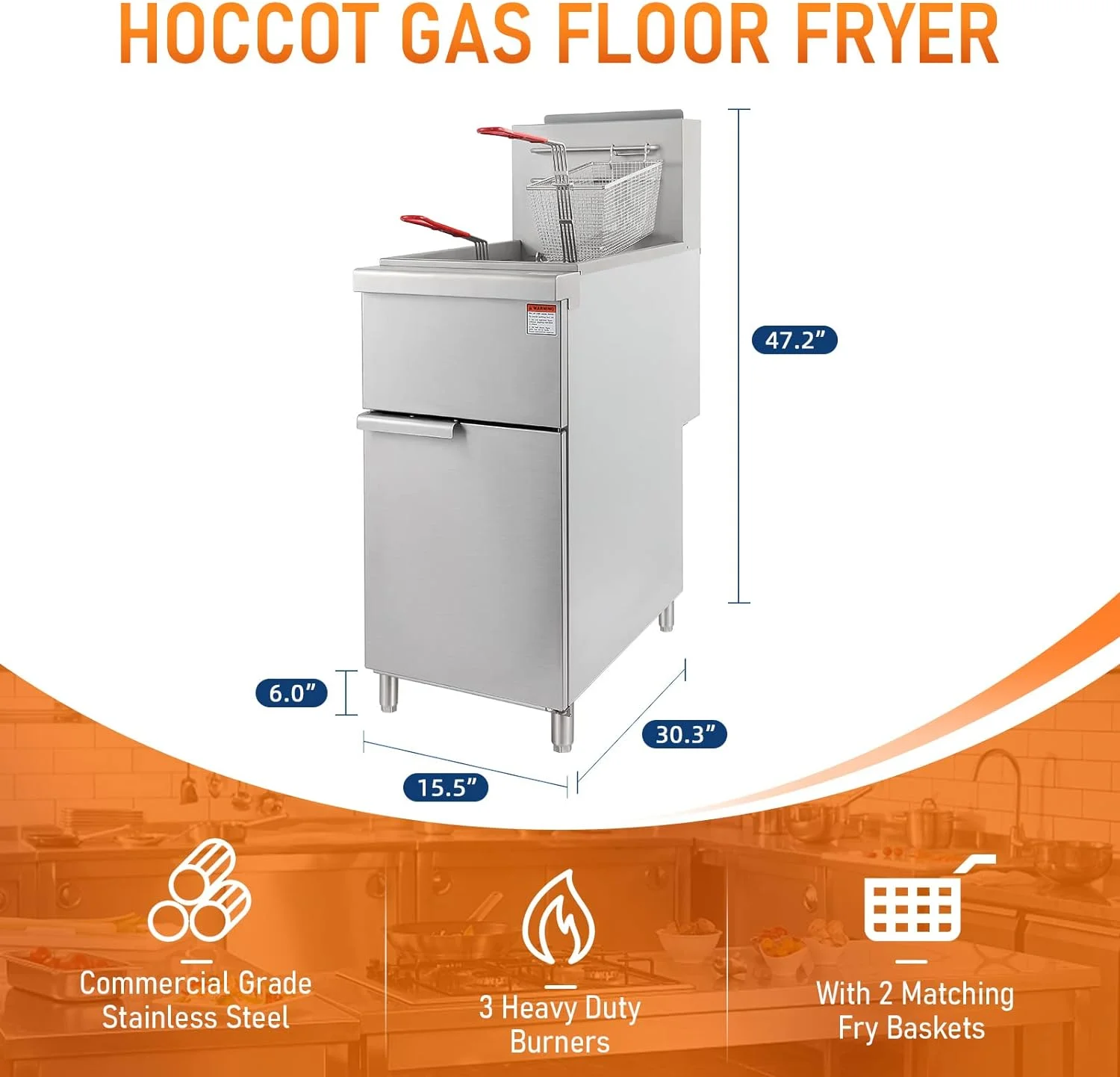 HOCCOT Commercial Deep Fryer with 3 Tube Burners, Stainless Steel Gas Floor Fryer in 90,000 BTU, 40lb. Capacity Deep Fryer with 2 Baskets for Restaurant Kitchen Food truck, 200℉-400℉ Adjustable Temp