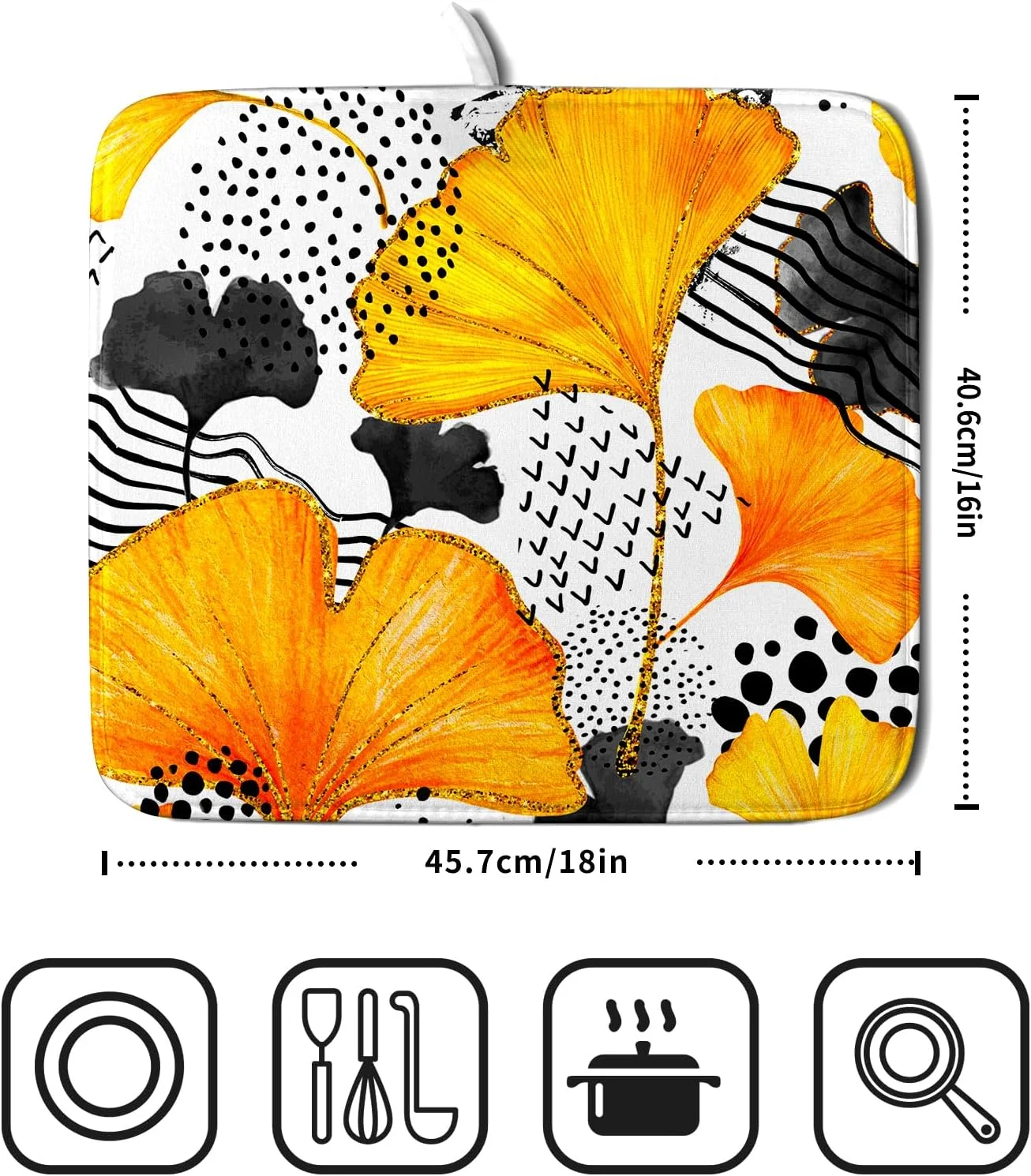 Wellsay Ginkgo Leaf Dishes Drying Mat - Watercolor Orange Gray Leaves Dish Draining Mat Fall Botanical Plants Drying Mats for Kitchen Counter Protector Reversible Dots Dishes Pad 16 x 18 Inch